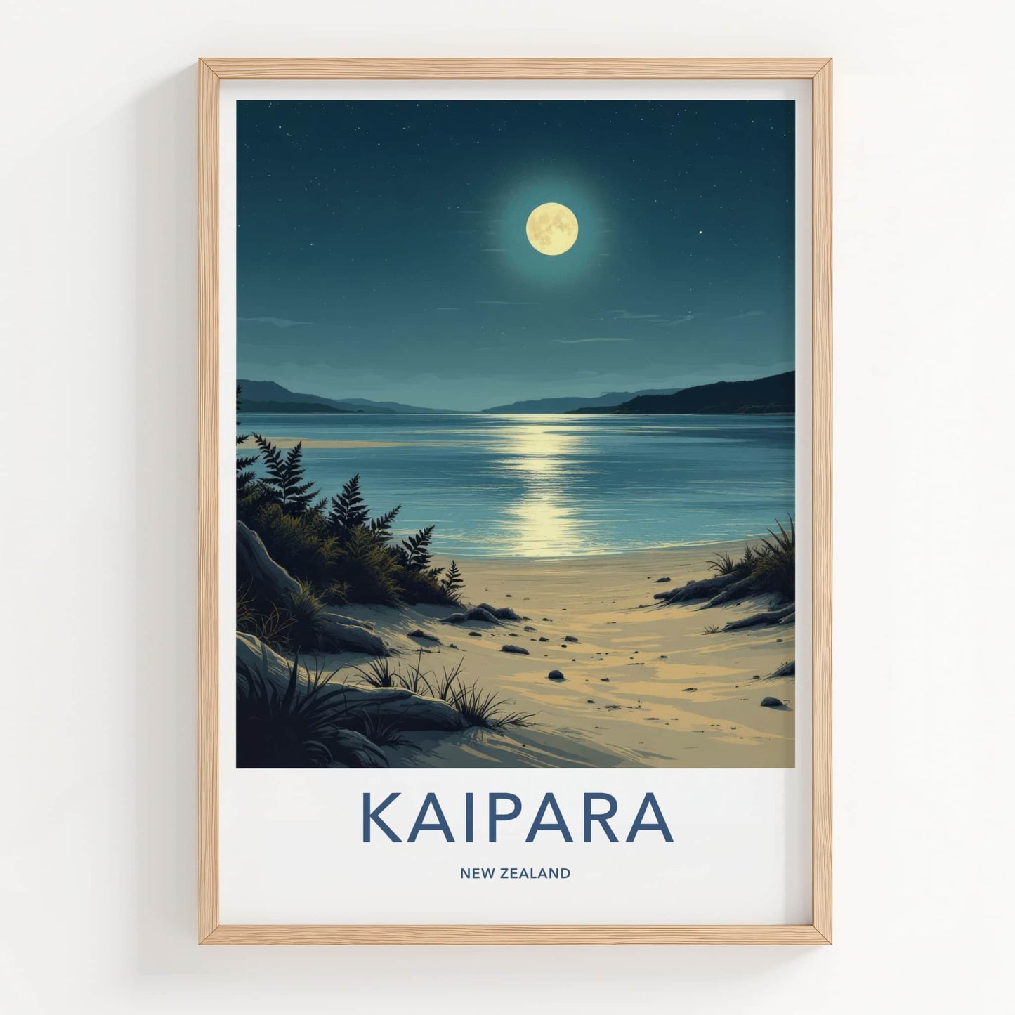 Kaipara Poster - New Zealand Travel Art - Moonlight Ocean Beach Wall Decor