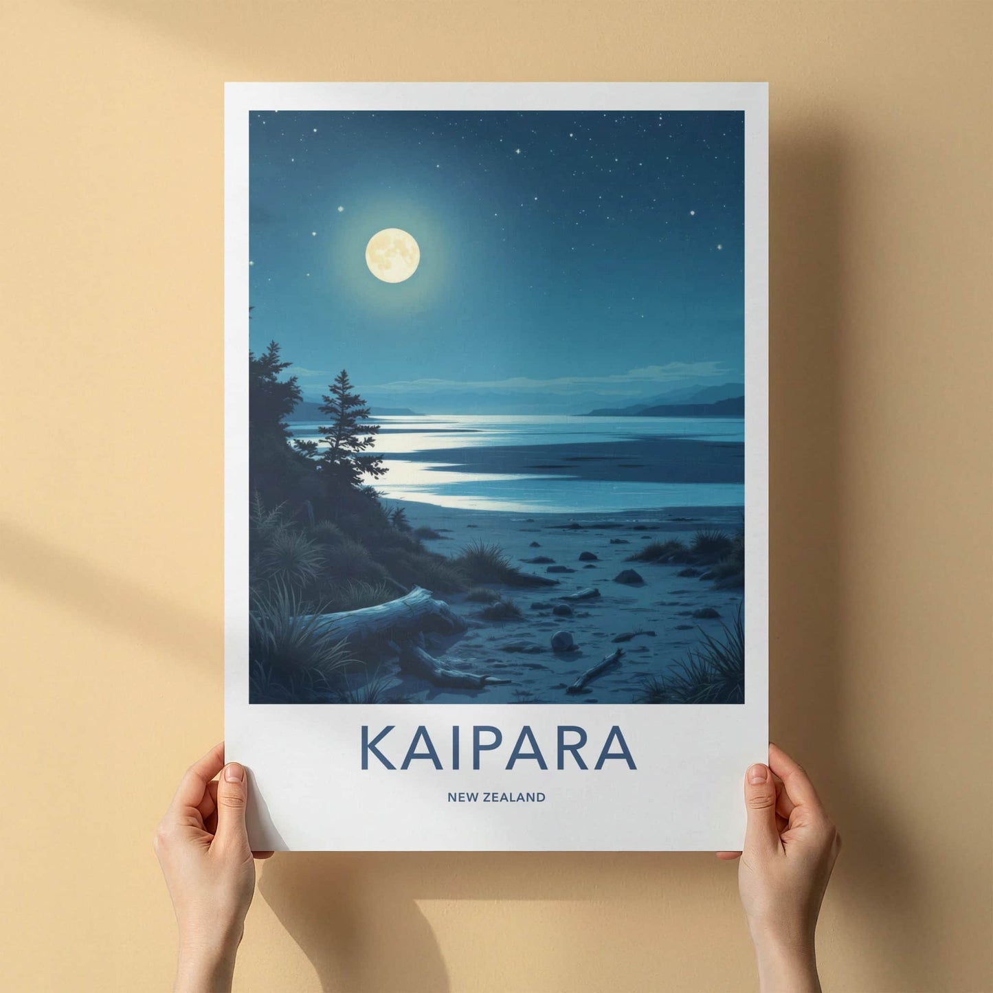 Kaipara Poster - New Zealand Travel Art - Moonlit Night Beach Wall Decor