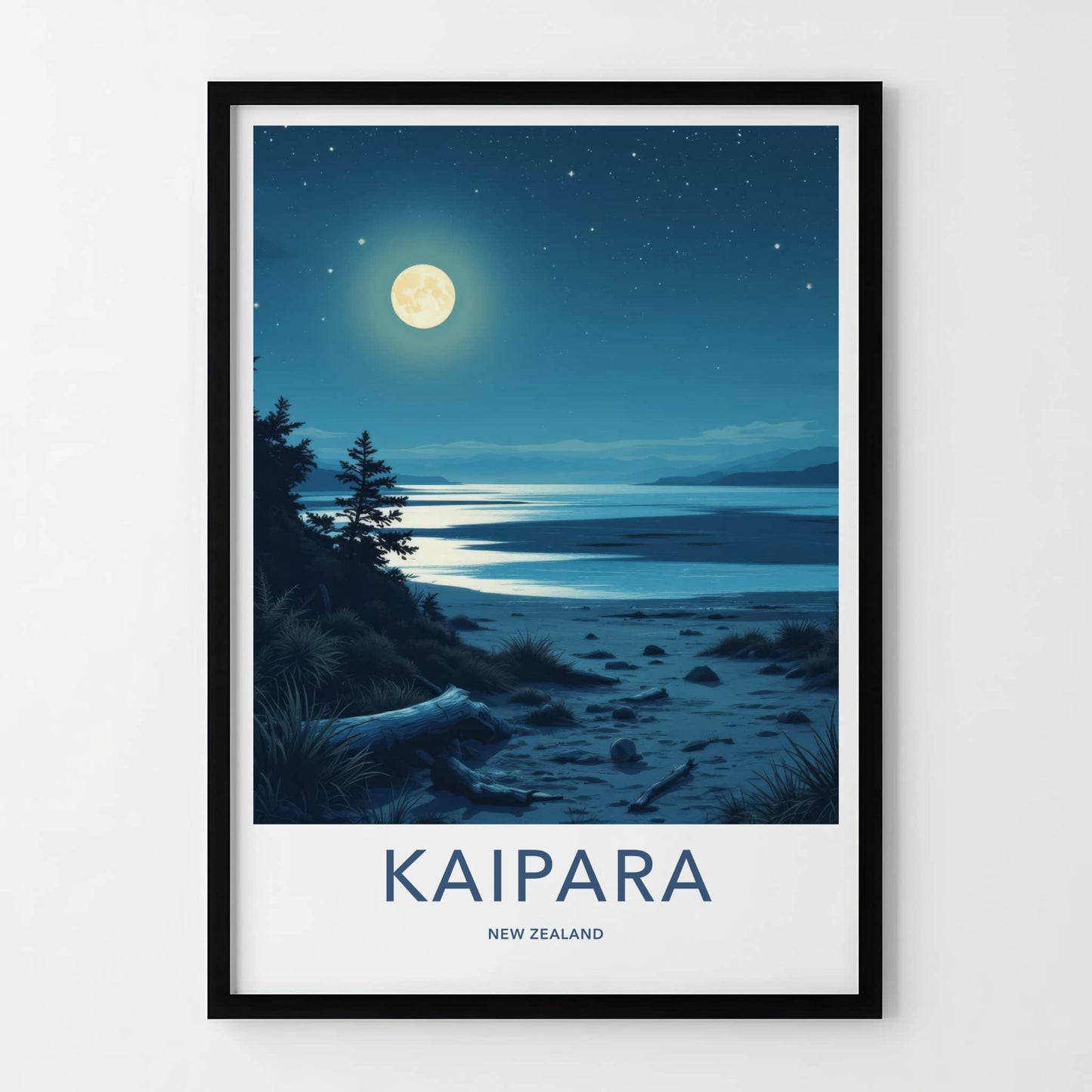 Kaipara Poster - New Zealand Travel Art - Moonlit Night Beach Wall Decor