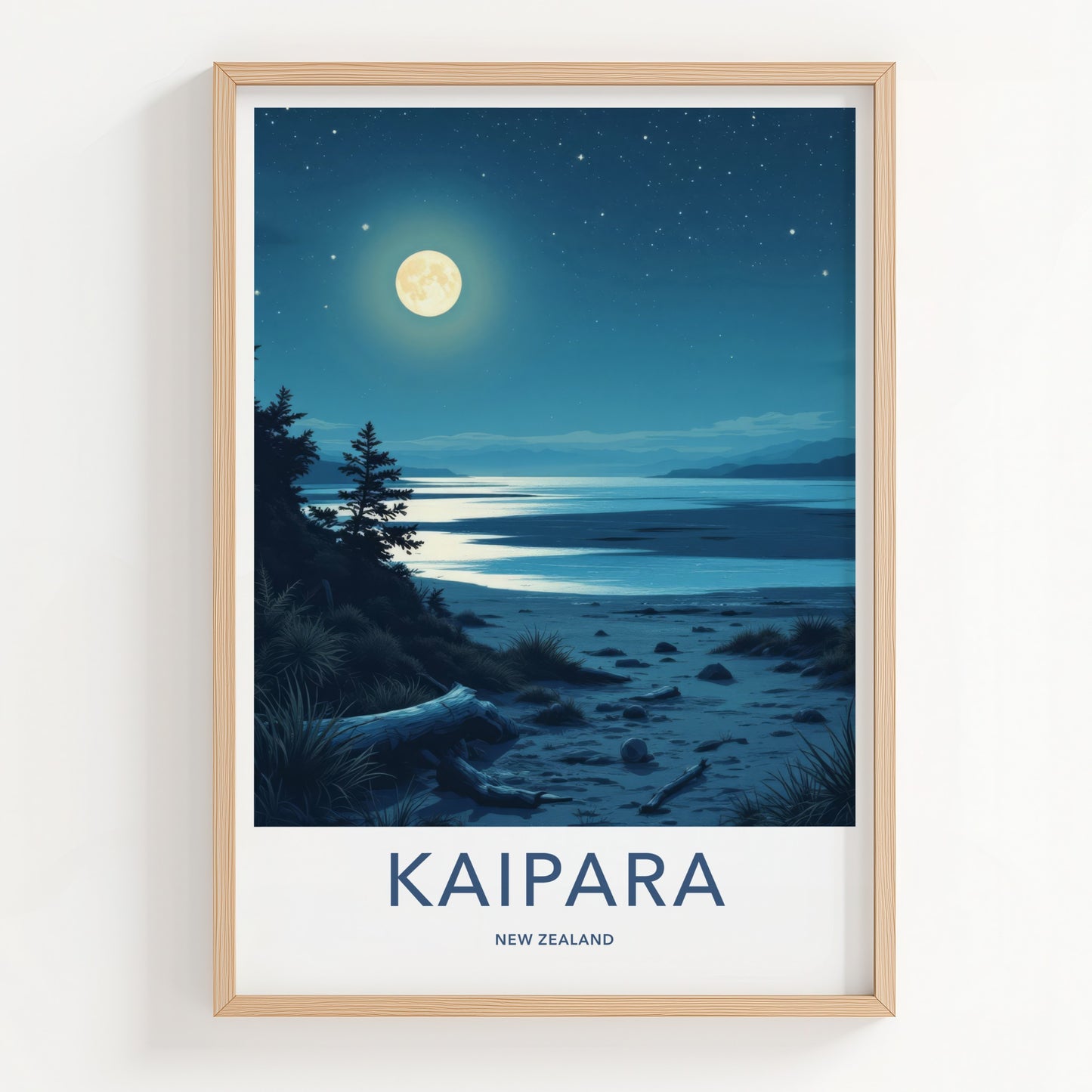 Kaipara Poster - New Zealand Travel Art - Moonlit Night Beach Wall Decor