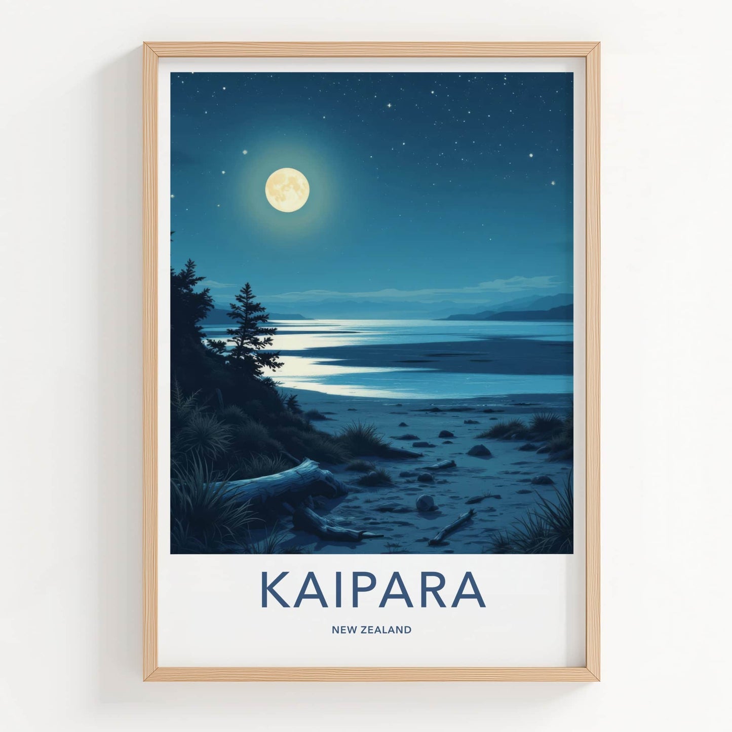 Kaipara Poster - New Zealand Travel Art - Moonlit Night Beach Wall Decor