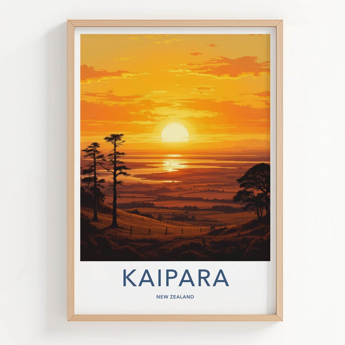 Kaipara Poster - New Zealand Travel Print - Fiery Sunset Estuary Home Decor