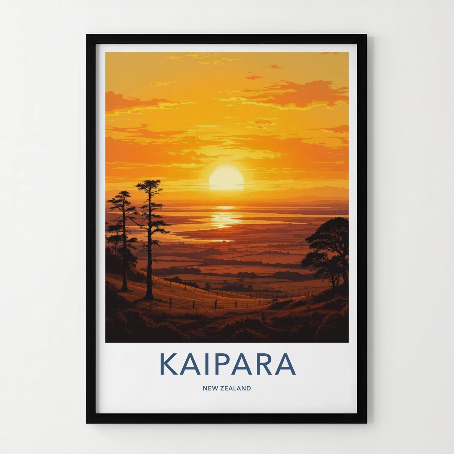 Kaipara Poster - New Zealand Travel Print - Fiery Sunset Estuary Home Decor