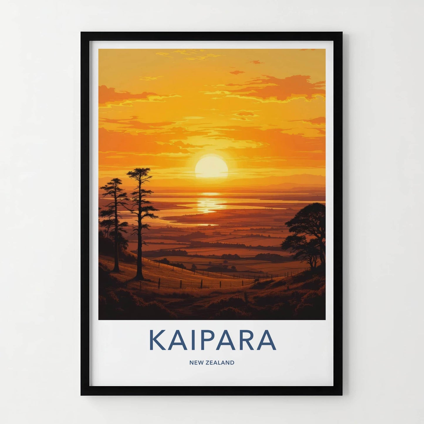 Kaipara Poster - New Zealand Travel Print - Fiery Sunset Estuary Home Decor