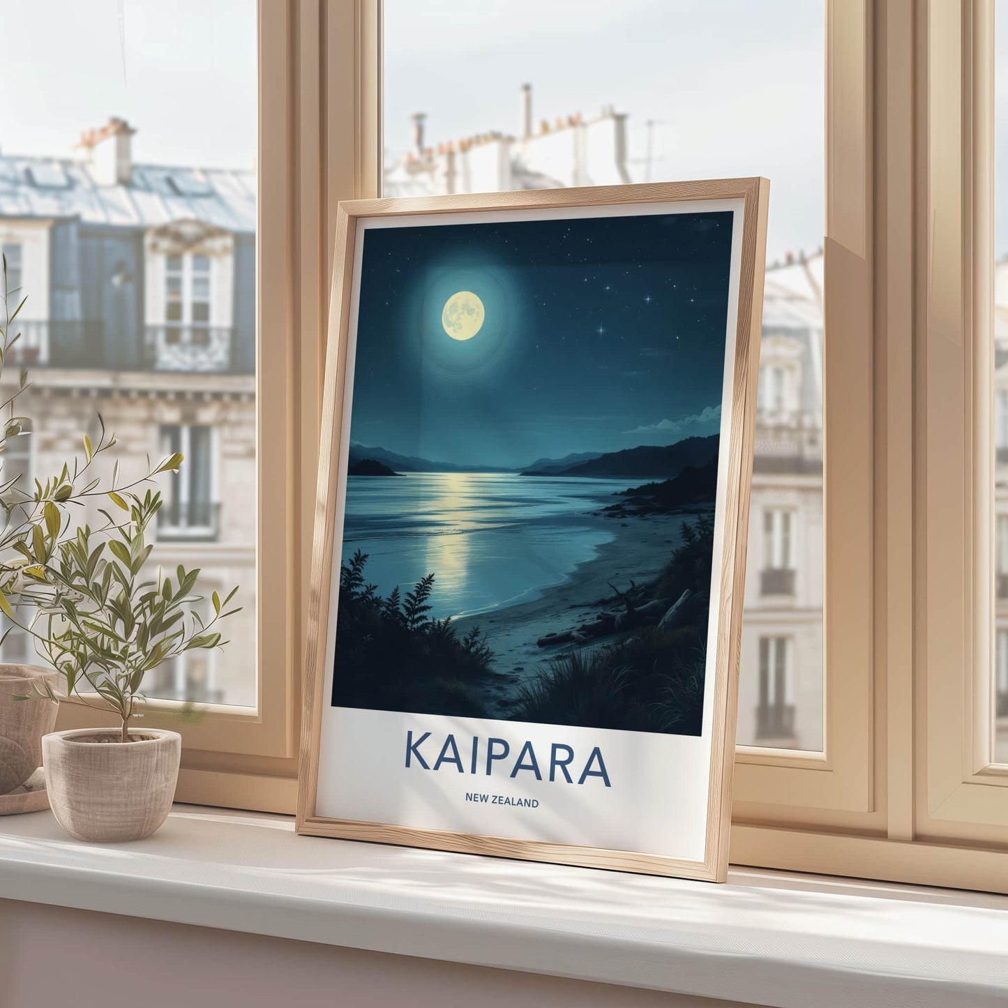 Kaipara Poster - New Zealand Travel Print - Moonlit Ocean Beach Wall Decor