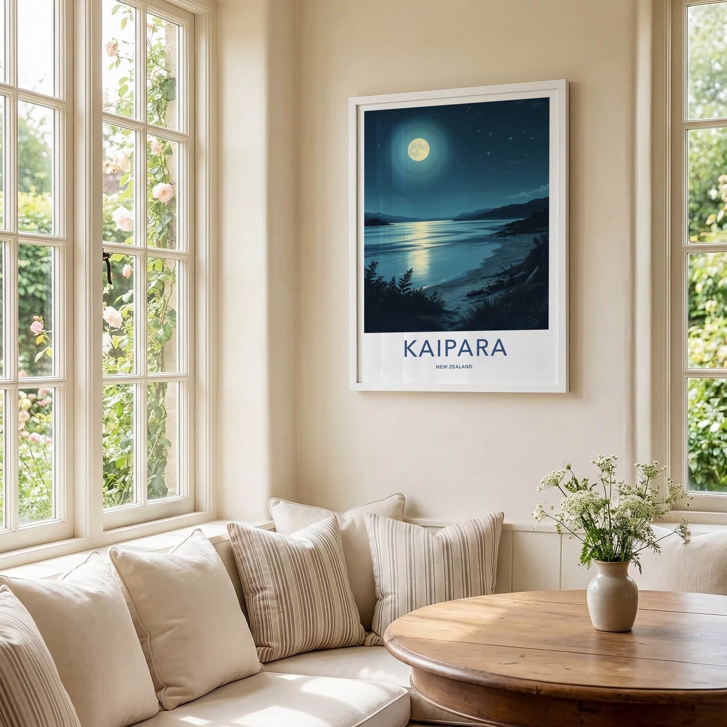 Kaipara Poster - New Zealand Travel Print - Moonlit Ocean Beach Wall Decor