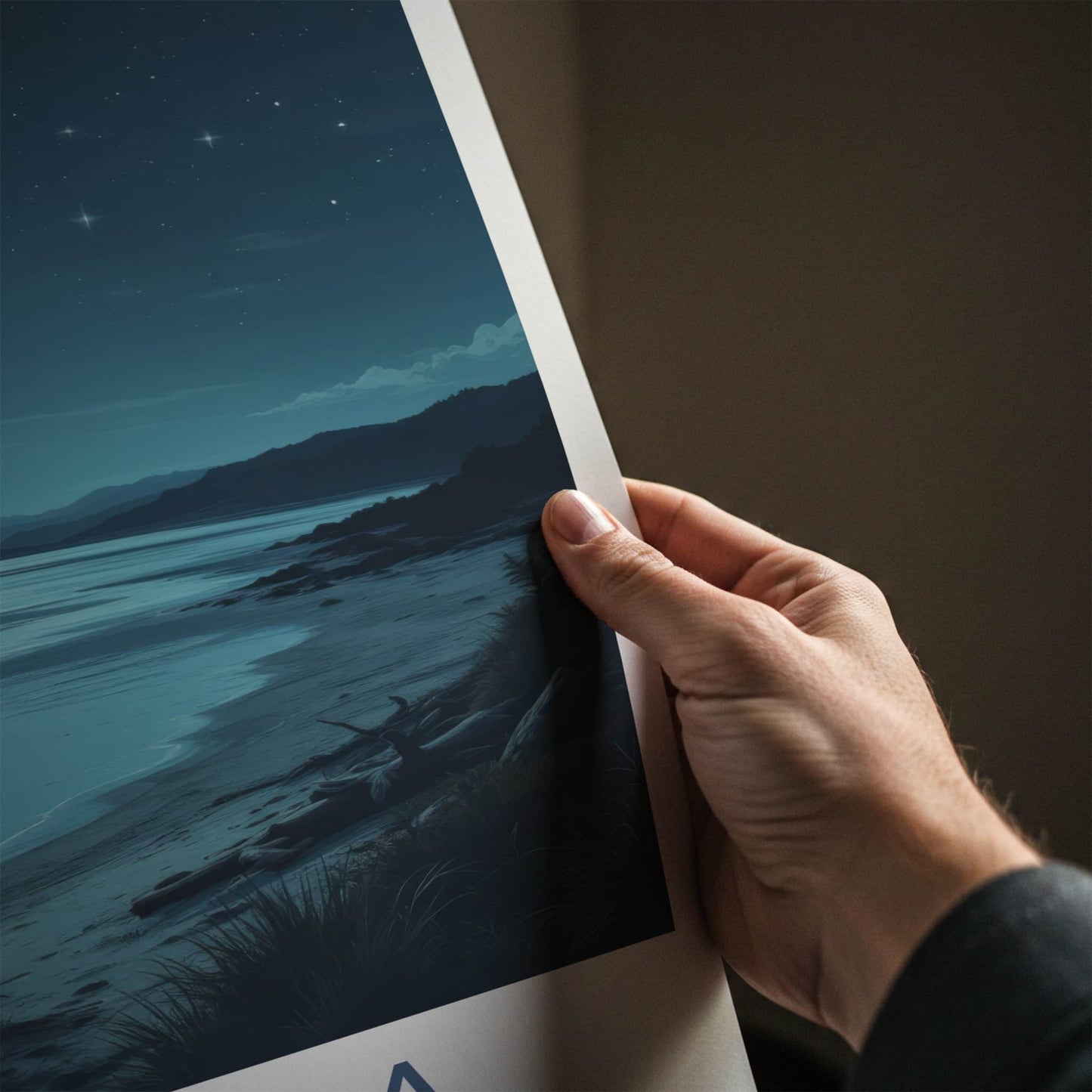 Kaipara Poster - New Zealand Travel Print - Moonlit Ocean Beach Wall Decor