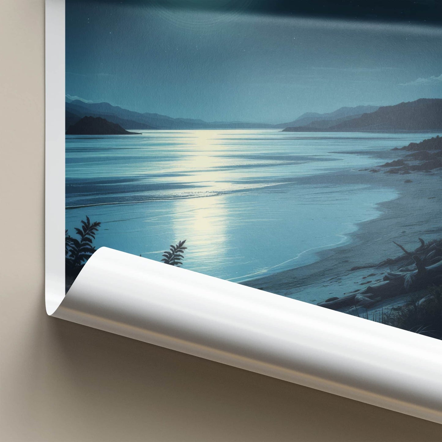 Kaipara Poster - New Zealand Travel Print - Moonlit Ocean Beach Wall Decor