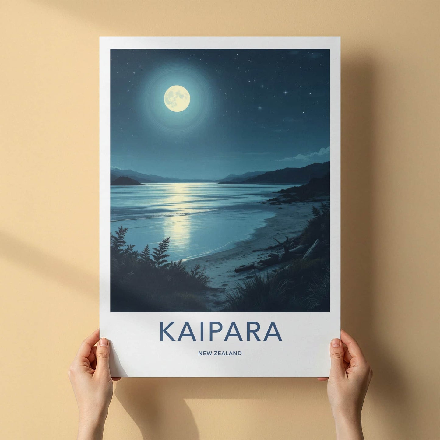Kaipara Poster - New Zealand Travel Print - Moonlit Ocean Beach Wall Decor