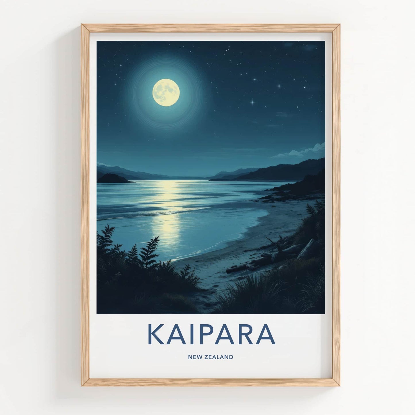 Kaipara Poster - New Zealand Travel Print - Moonlit Ocean Beach Wall Decor