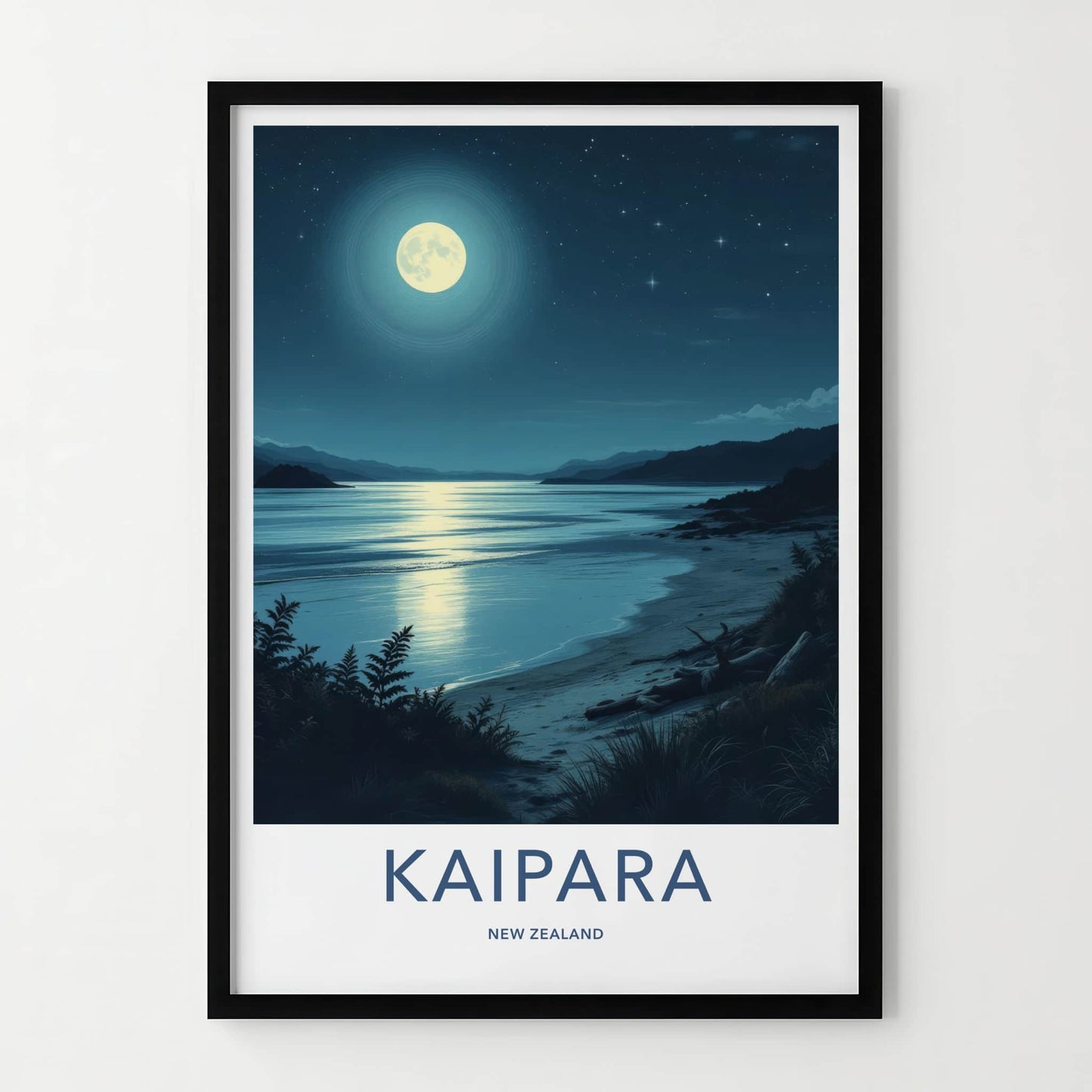 Kaipara Poster - New Zealand Travel Print - Moonlit Ocean Beach Wall Decor