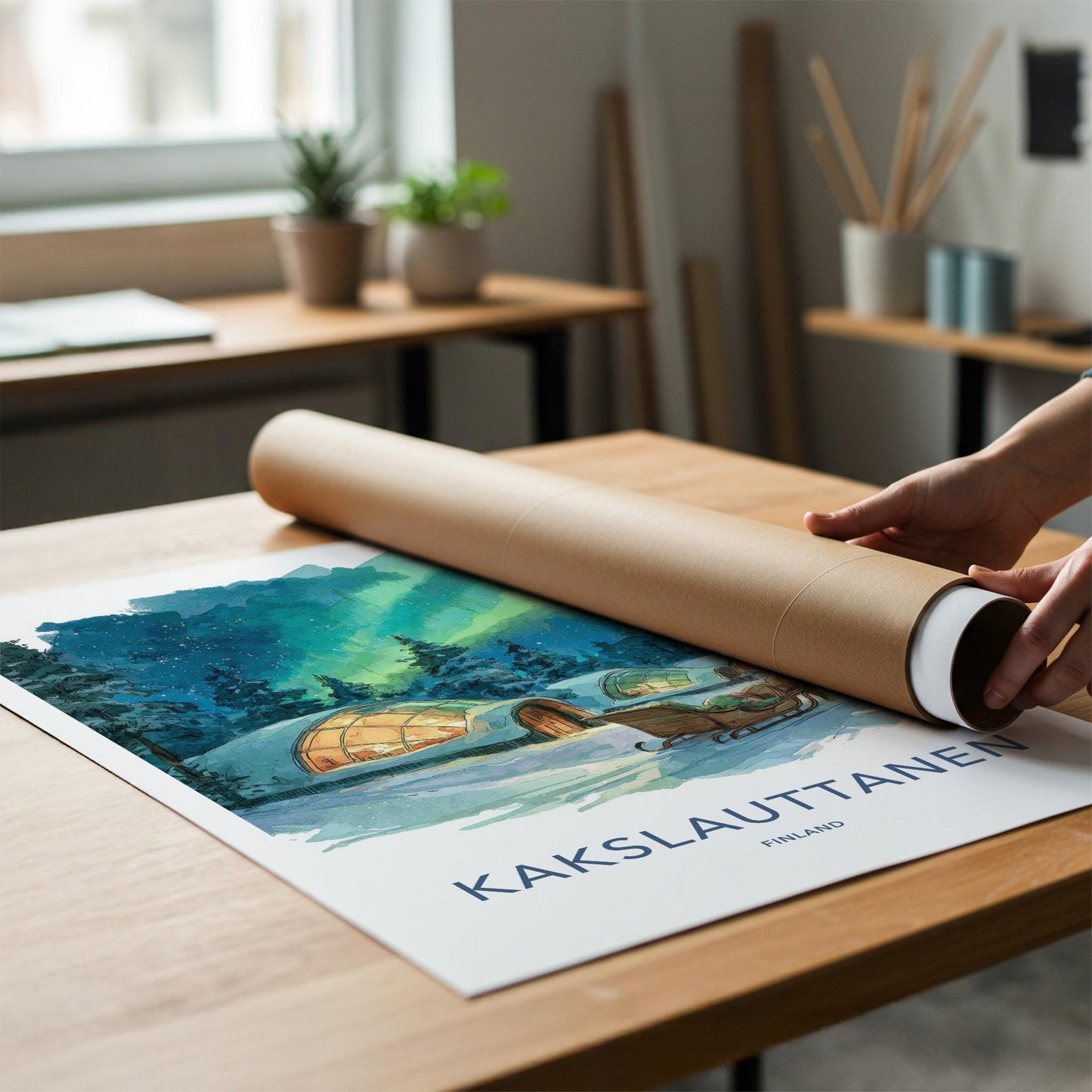 Kakslauttanen Poster - Finland Travel Art - Aurora Igloos Sleigh Home Decor