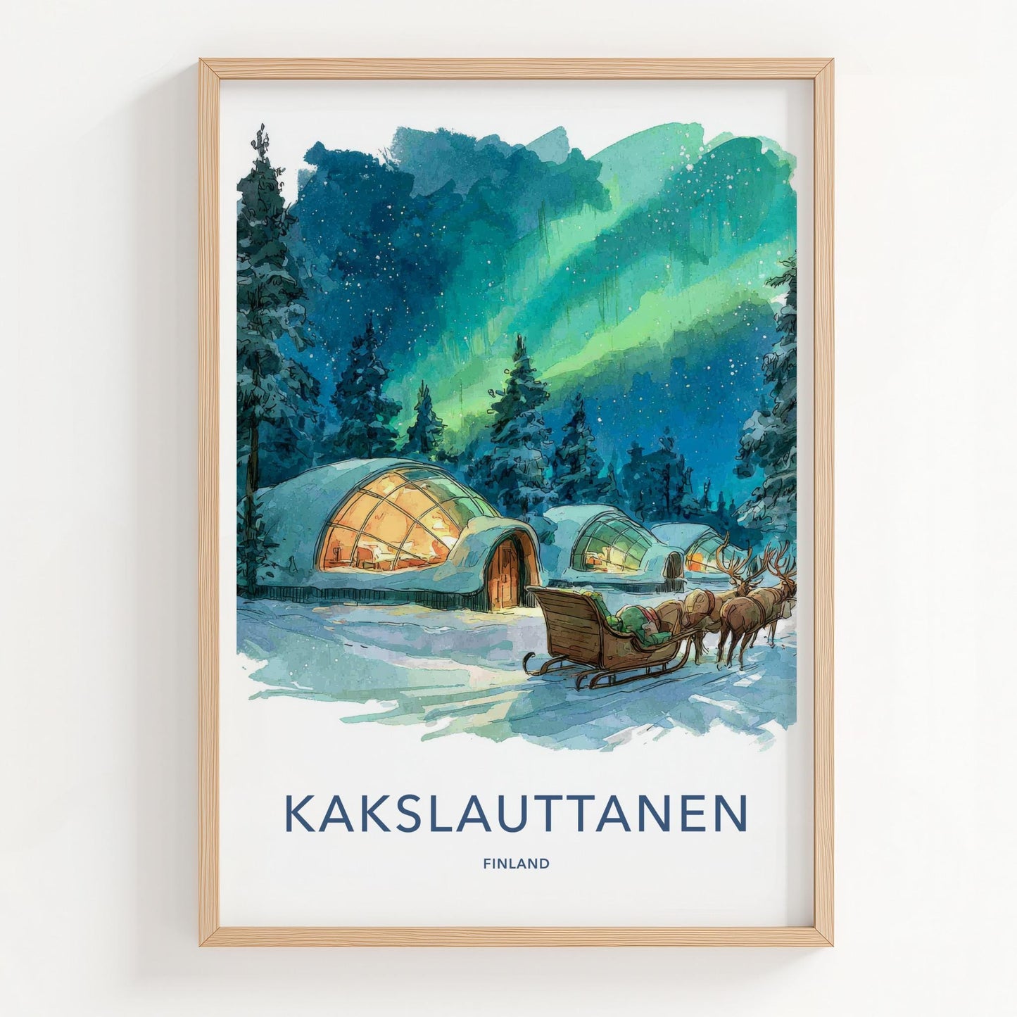 Kakslauttanen Poster - Finland Travel Art - Aurora Igloos Sleigh Home Decor