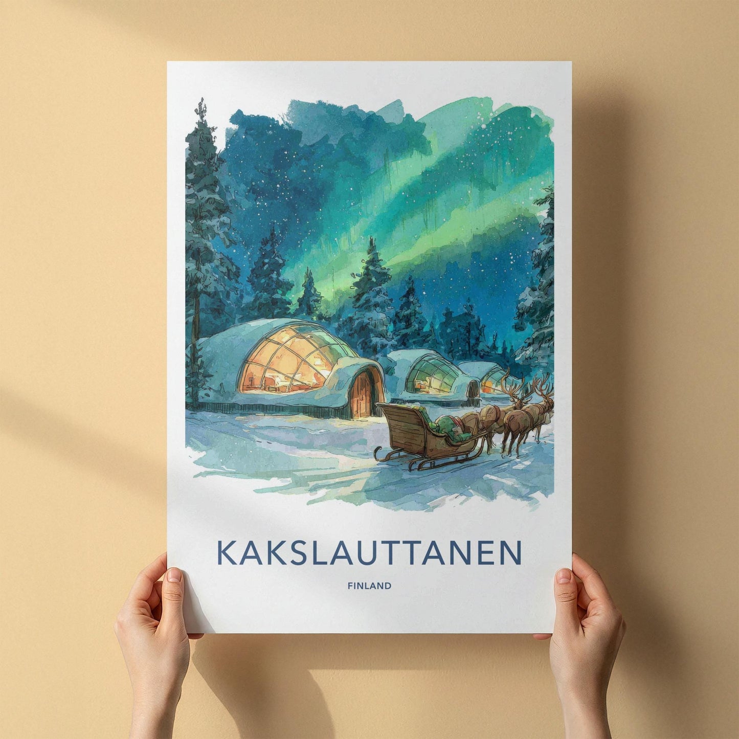 Kakslauttanen Poster - Finland Travel Art - Aurora Igloos Sleigh Home Decor