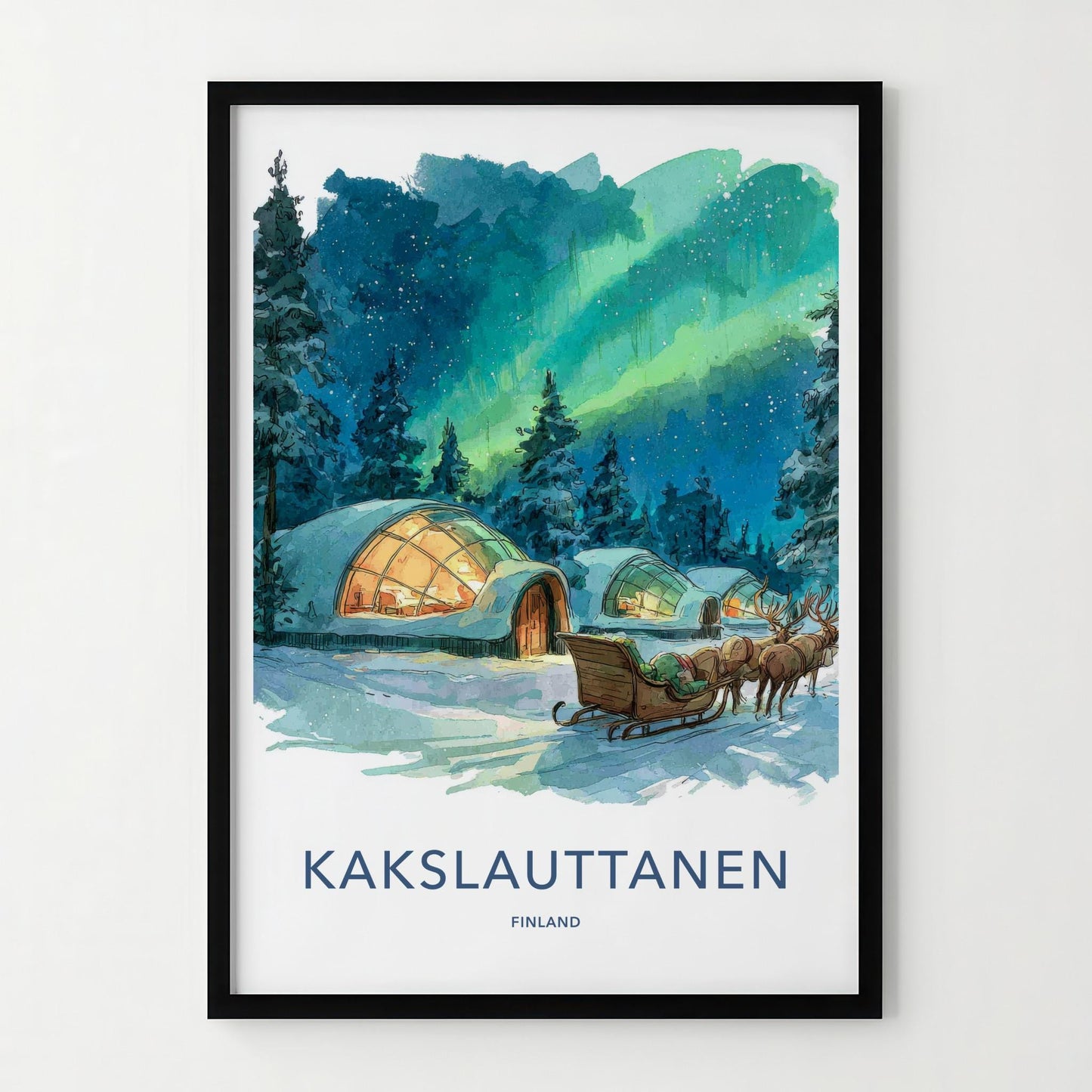 Kakslauttanen Poster - Finland Travel Art - Aurora Igloos Sleigh Home Decor