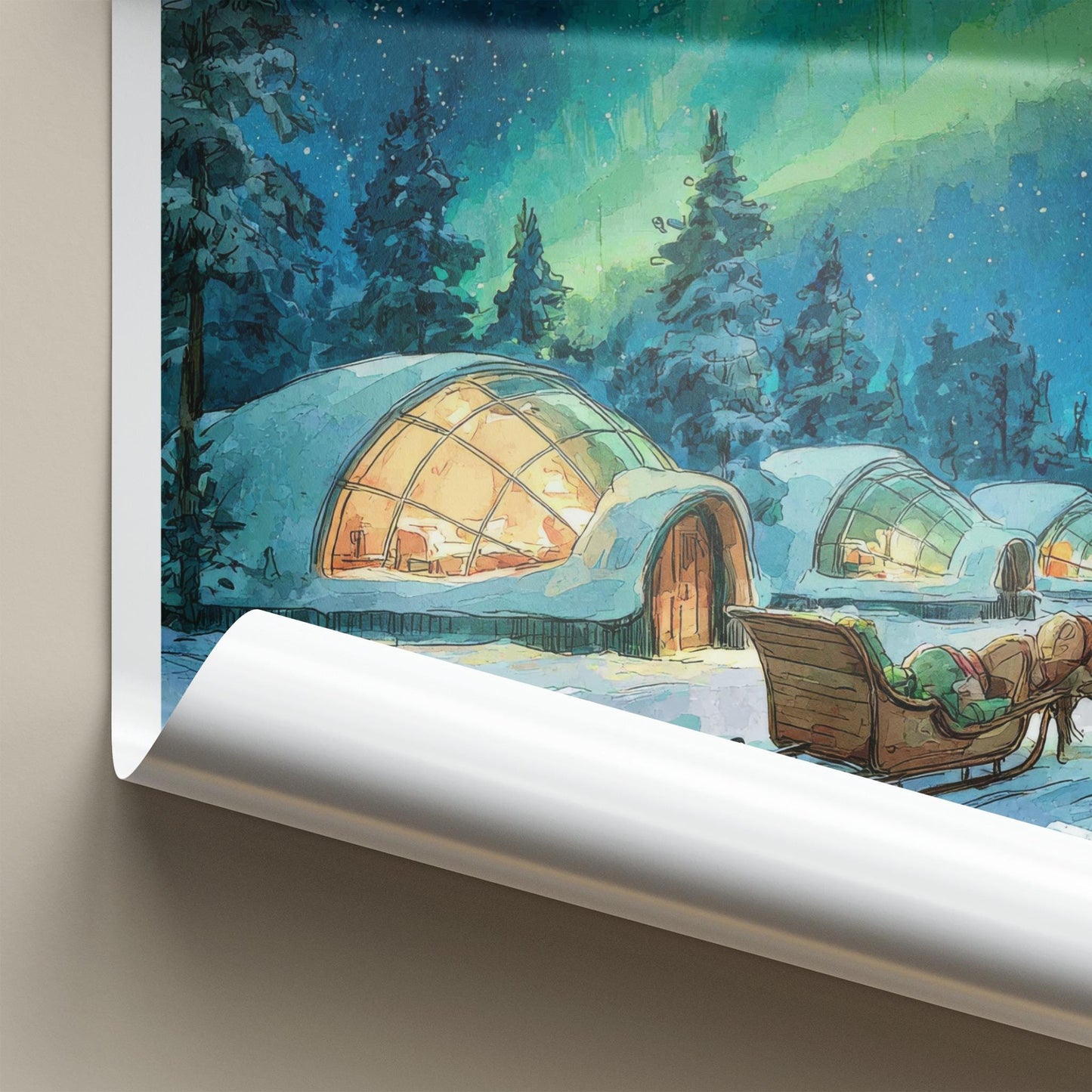 Kakslauttanen Poster - Finland Travel Art - Aurora Igloos Sleigh Home Decor