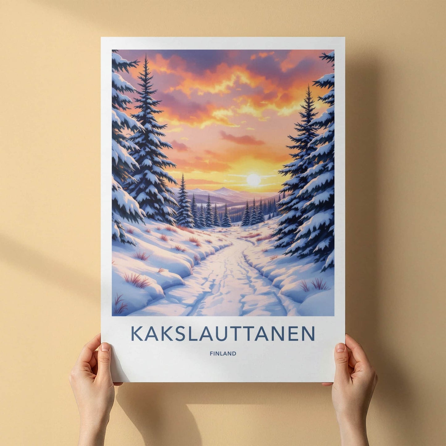 Kakslauttanen Poster - Finland Travel Art - Snowy Forest Sunset Home Decor