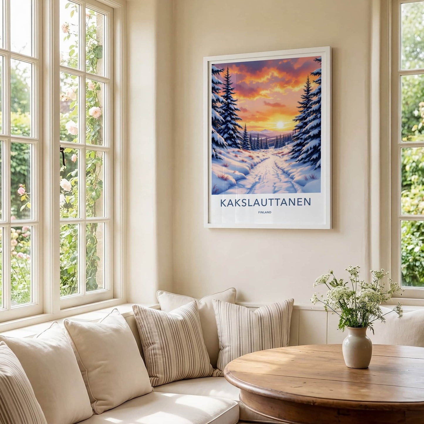 Kakslauttanen Poster - Finland Travel Art - Snowy Forest Sunset Home Decor