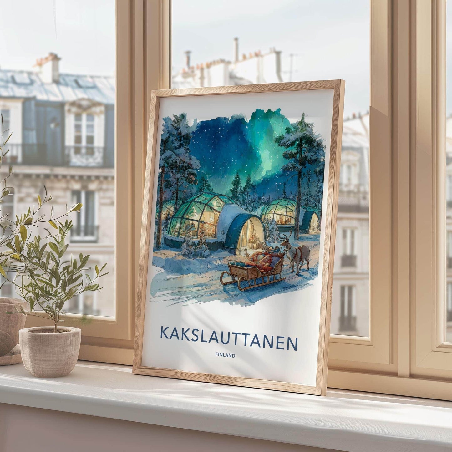 Kakslauttanen Poster - Finland Travel Art - Snowy Igloo Aurora Home Decor