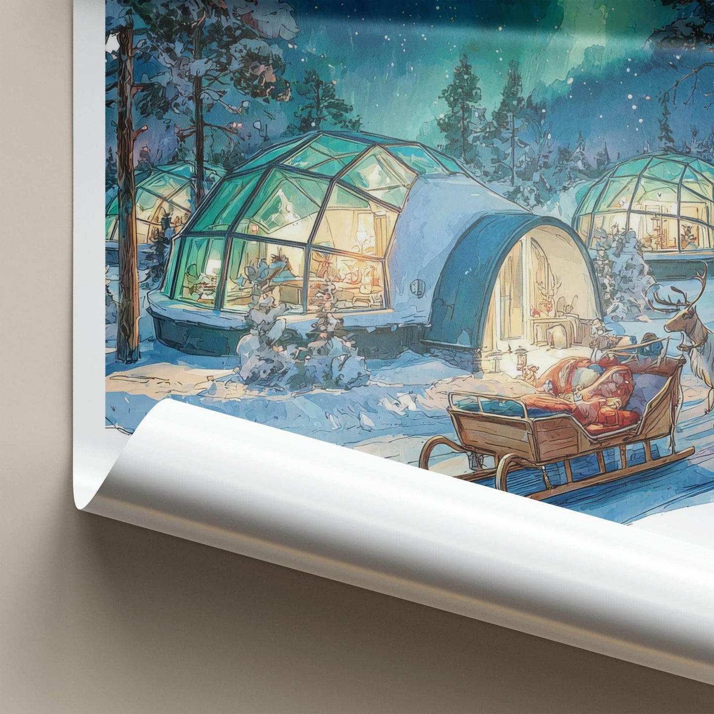 Kakslauttanen Poster - Finland Travel Art - Snowy Igloo Aurora Home Decor