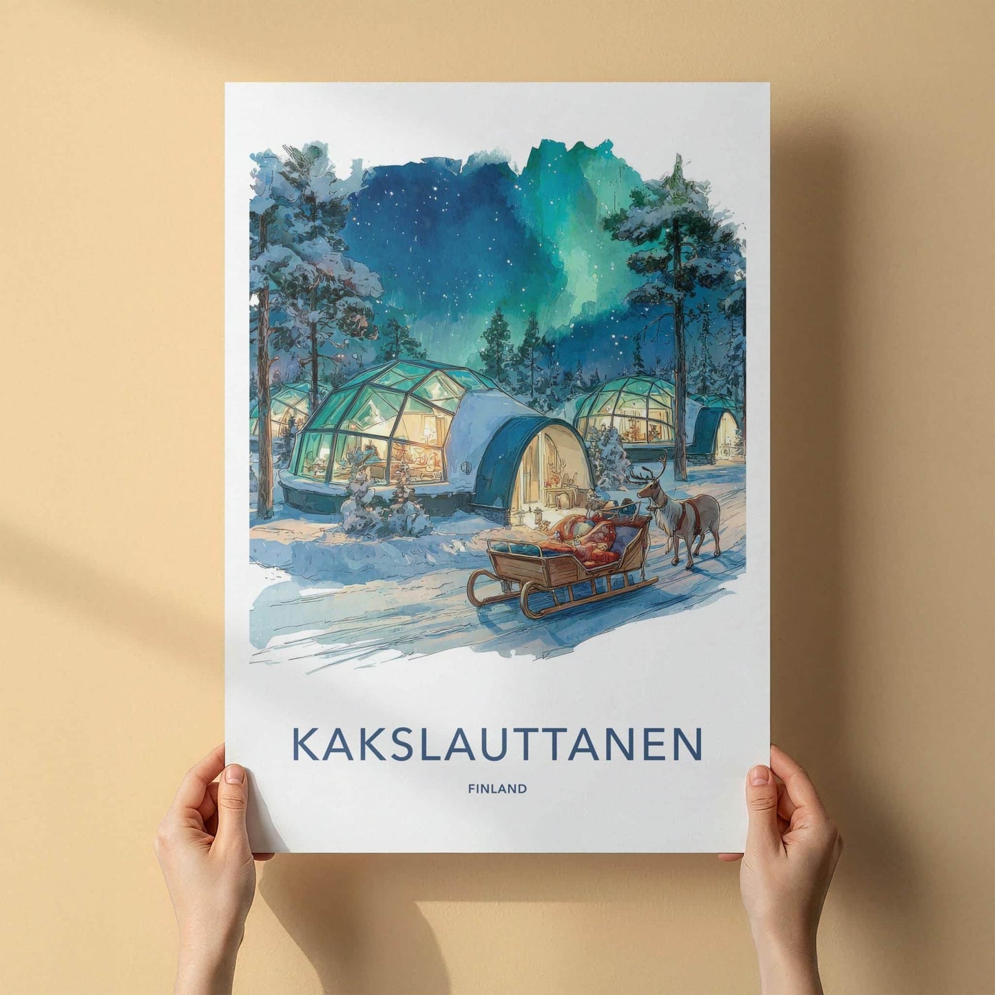 Kakslauttanen Poster - Finland Travel Art - Snowy Igloo Aurora Home Decor