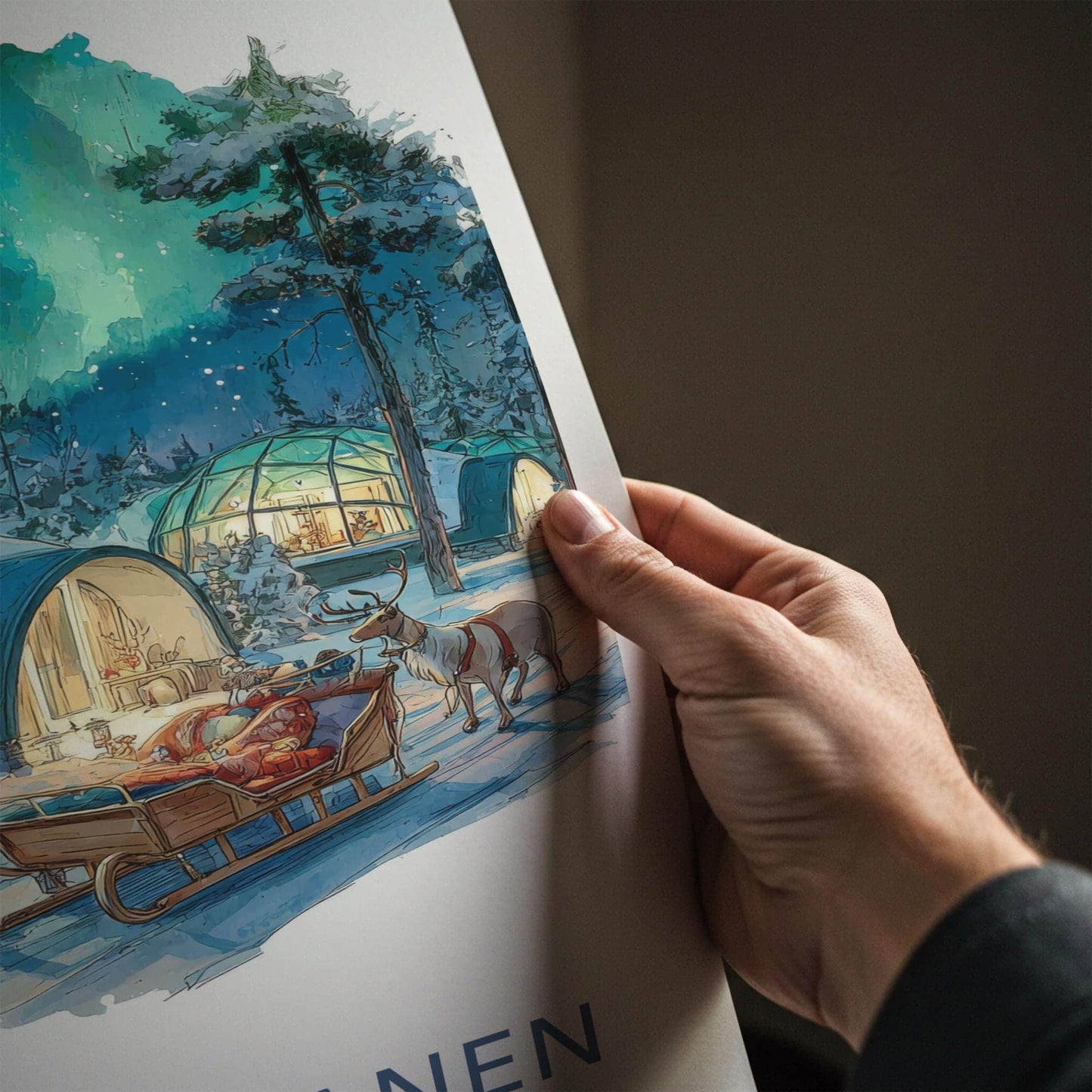 Kakslauttanen Poster - Finland Travel Art - Snowy Igloo Aurora Home Decor