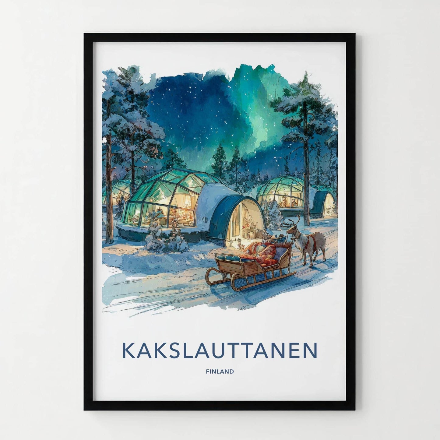 Kakslauttanen Poster - Finland Travel Art - Snowy Igloo Aurora Home Decor