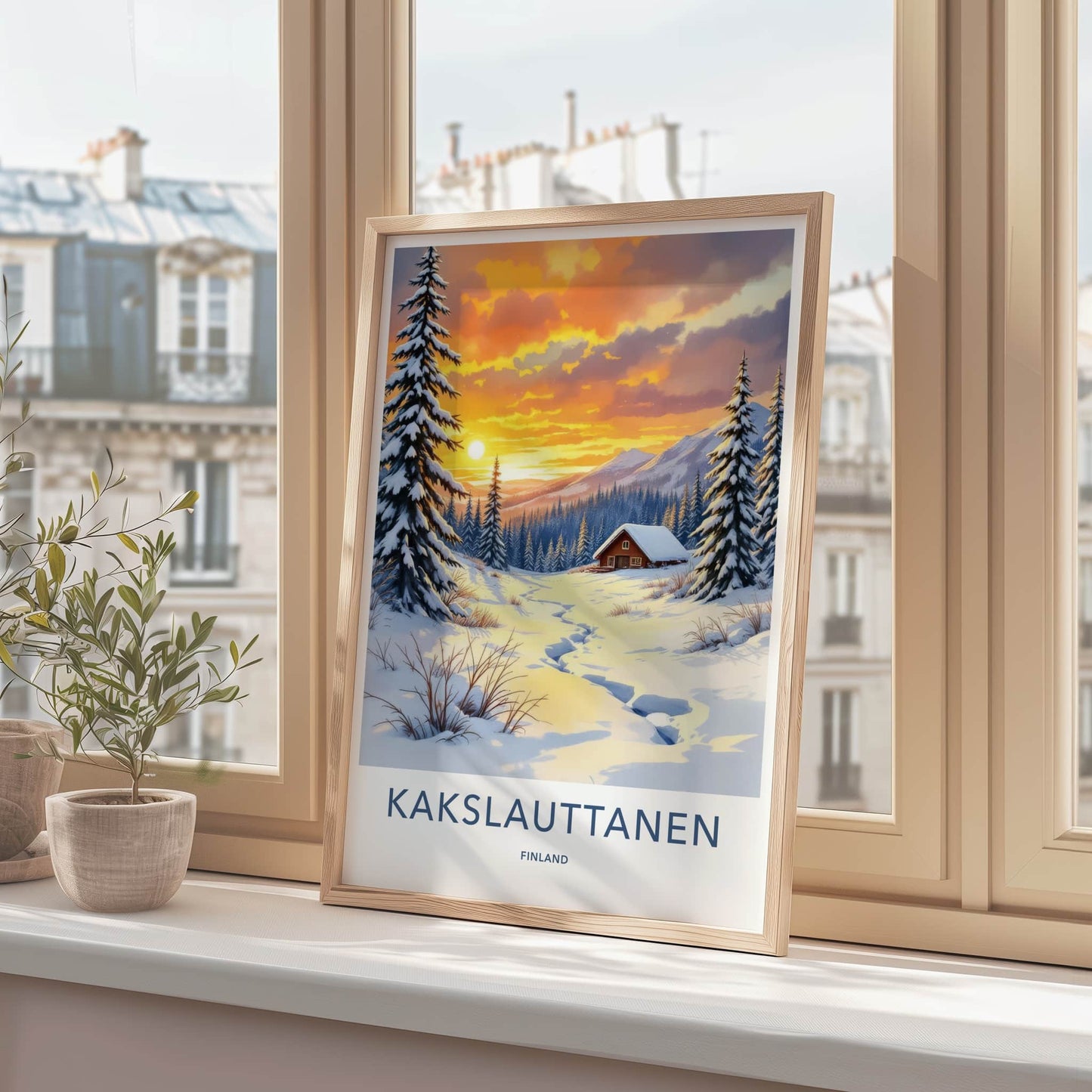 Kakslauttanen Poster - Finland Travel Art - Winter Sunset Cabin Home Decor