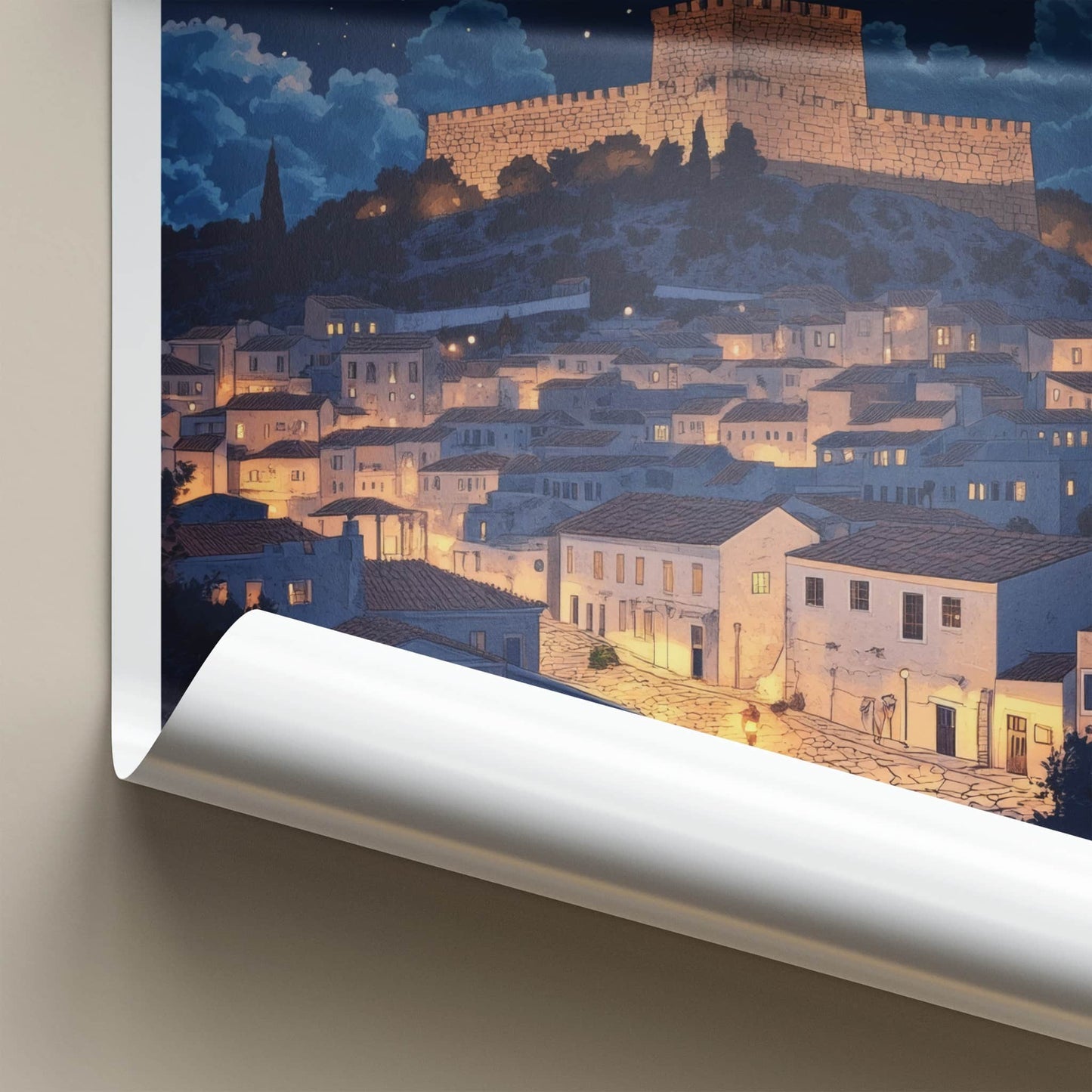 Kalamata Poster - Greece Framed Print - Illuminated Fortress Village Lounge Decor