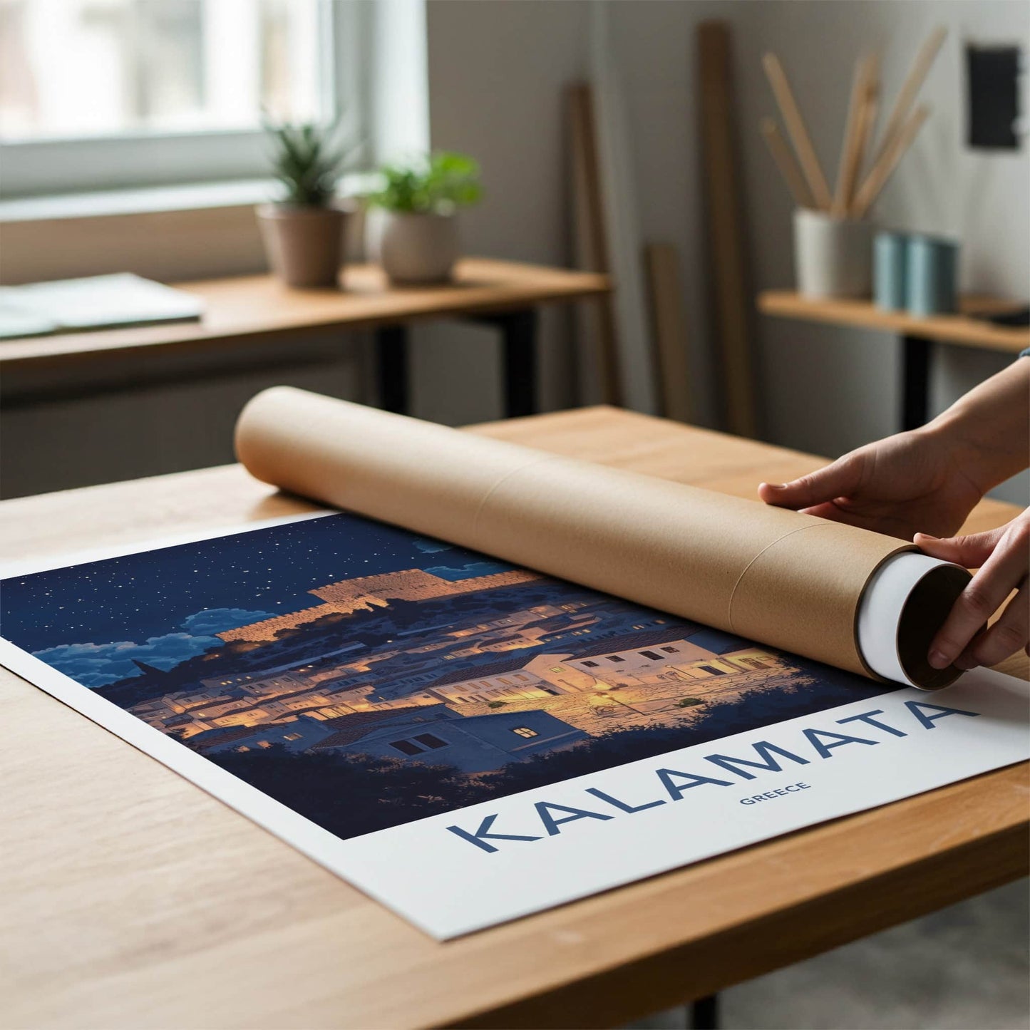 Kalamata Poster - Greece Framed Print - Illuminated Fortress Village Lounge Decor