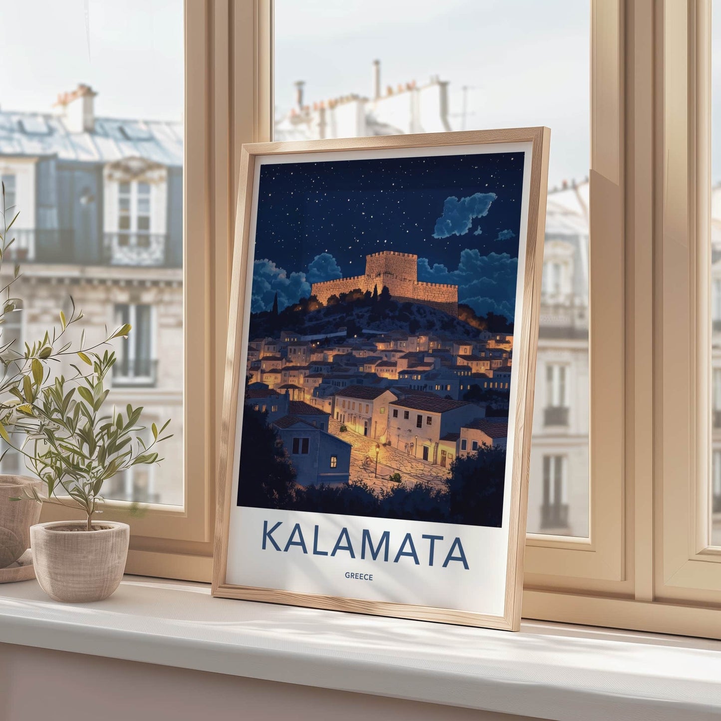 Kalamata Poster - Greece Framed Print - Illuminated Fortress Village Lounge Decor