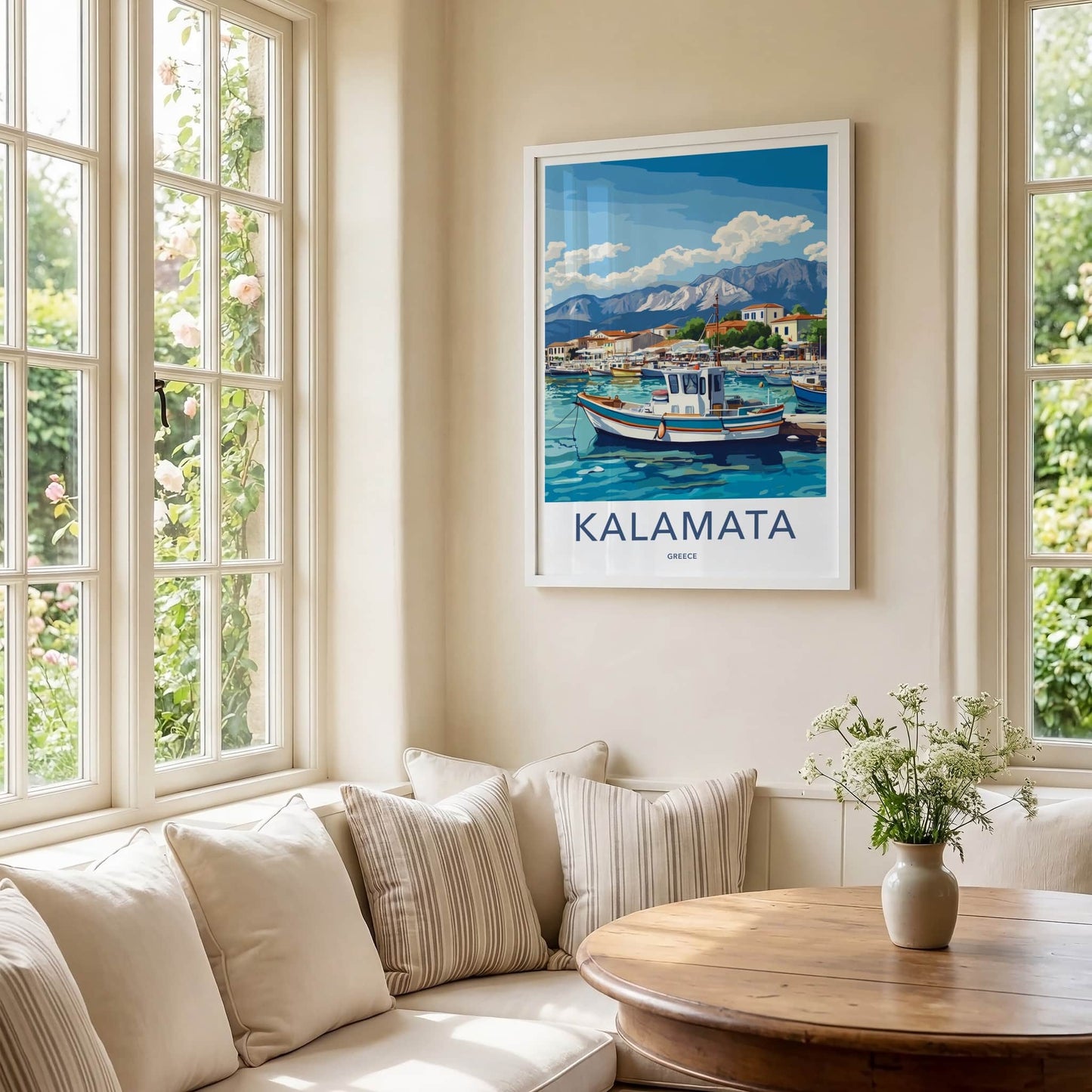 Kalamata Poster - Greece Travel Art - Boats Harbor Mountains Home Decor