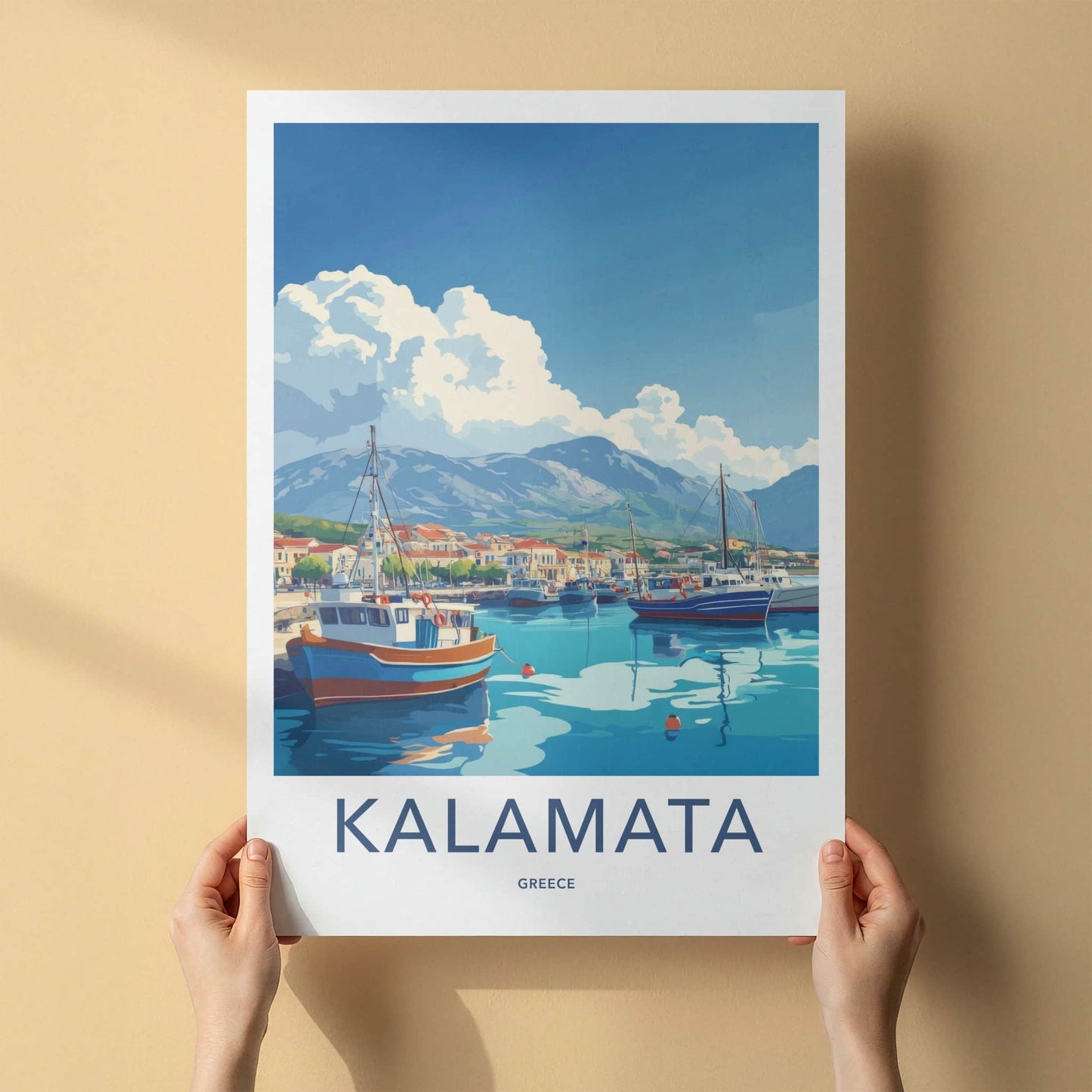 Kalamata Poster - Greece Travel Art - Boats Harbor Village Wall Decor