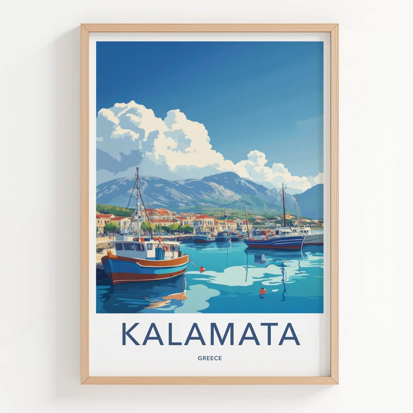 Kalamata Poster - Greece Travel Art - Boats Harbor Village Wall Decor
