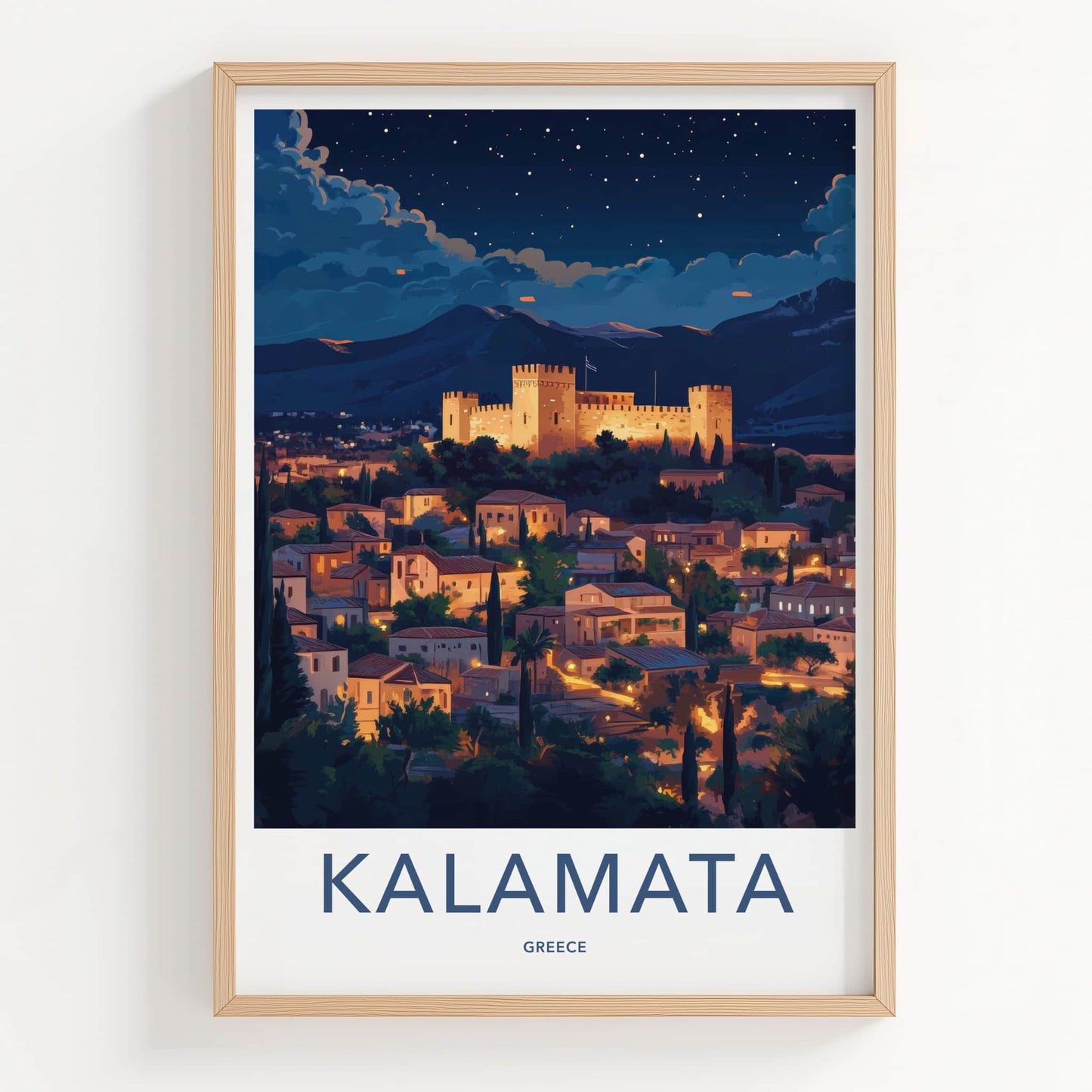 Kalamata Poster - Greece Travel Art - Illuminated castle city Home Decor