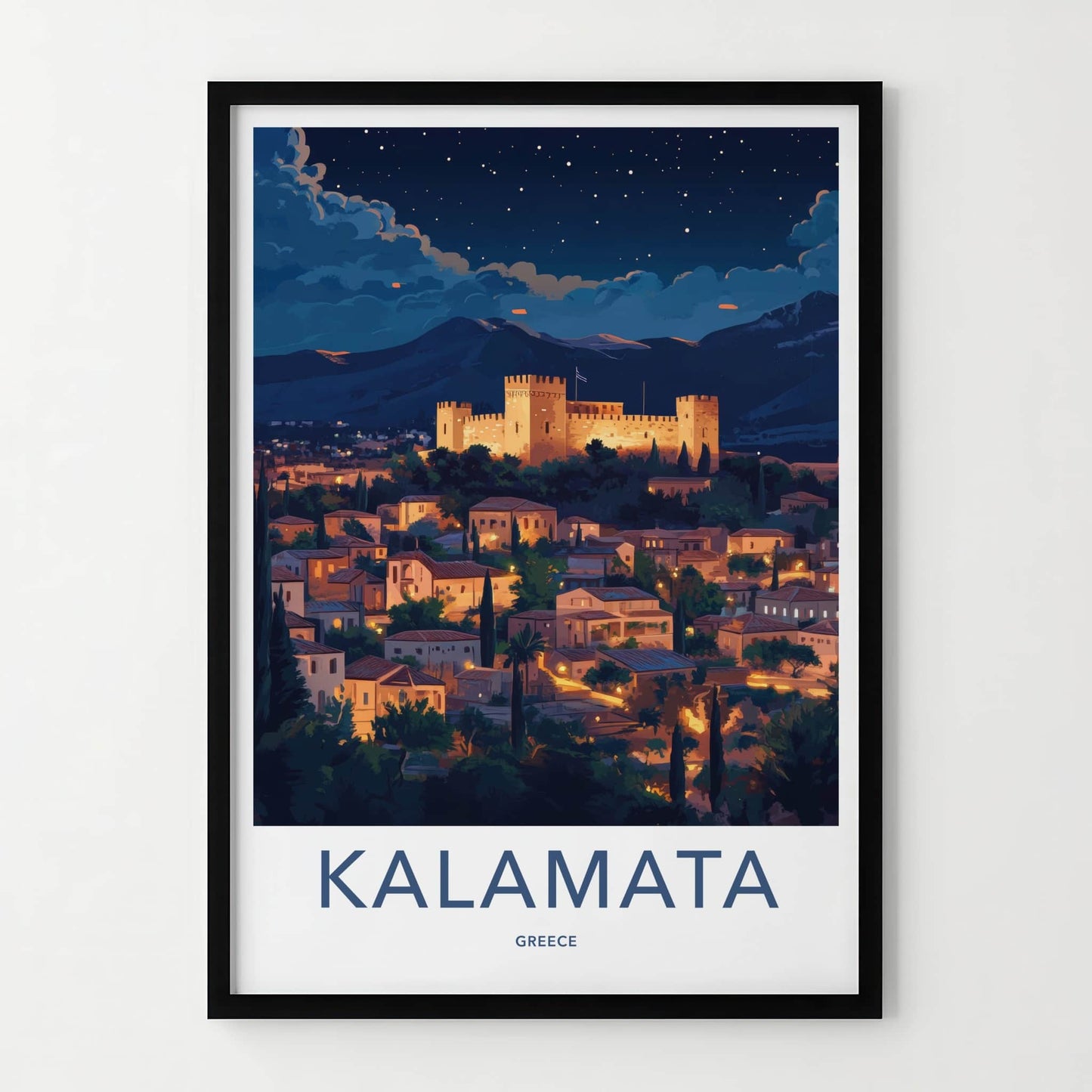 Kalamata Poster - Greece Travel Art - Illuminated castle city Home Decor