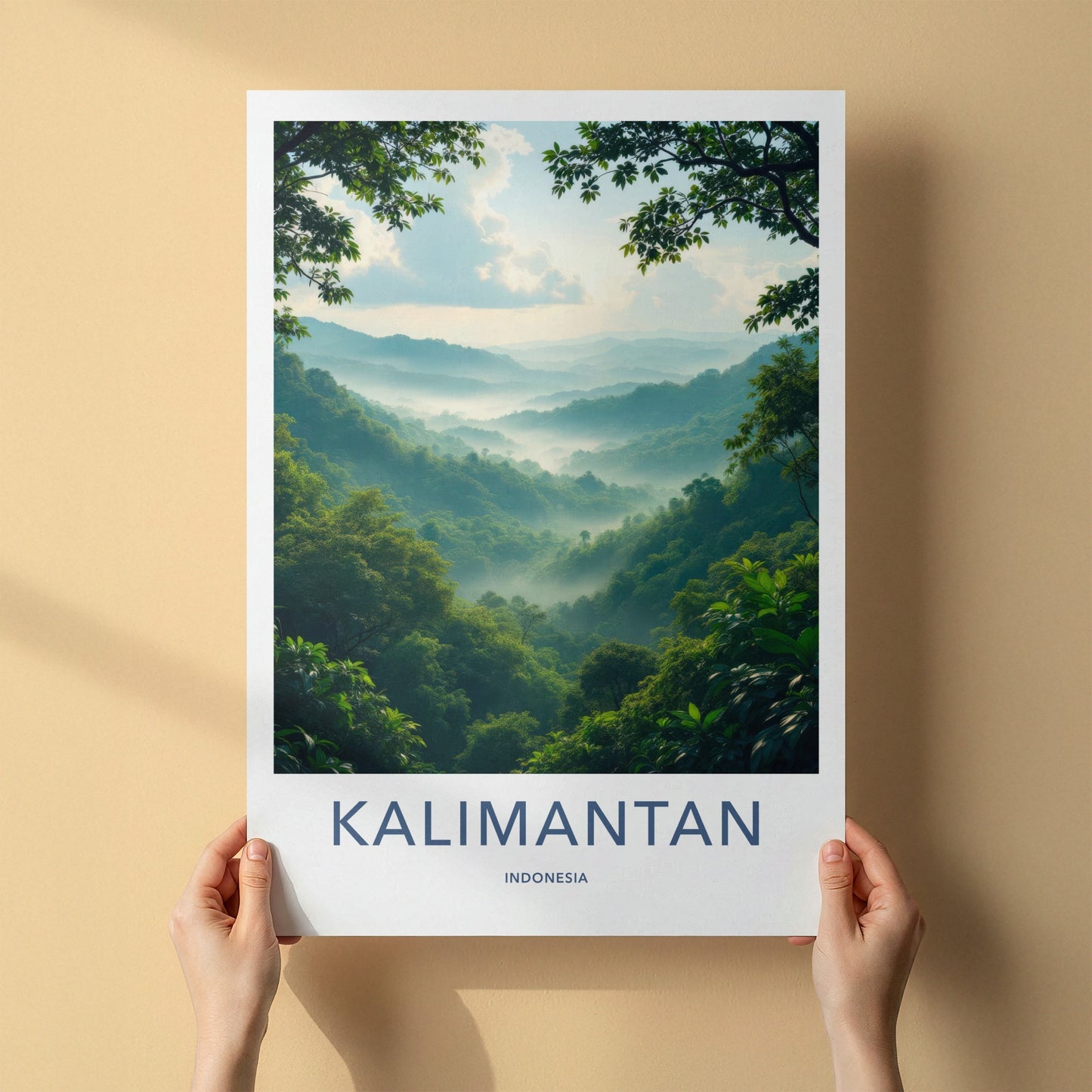 Kalimantan Poster - Indonesia Travel Art - Misty Green Mountains Home Decor