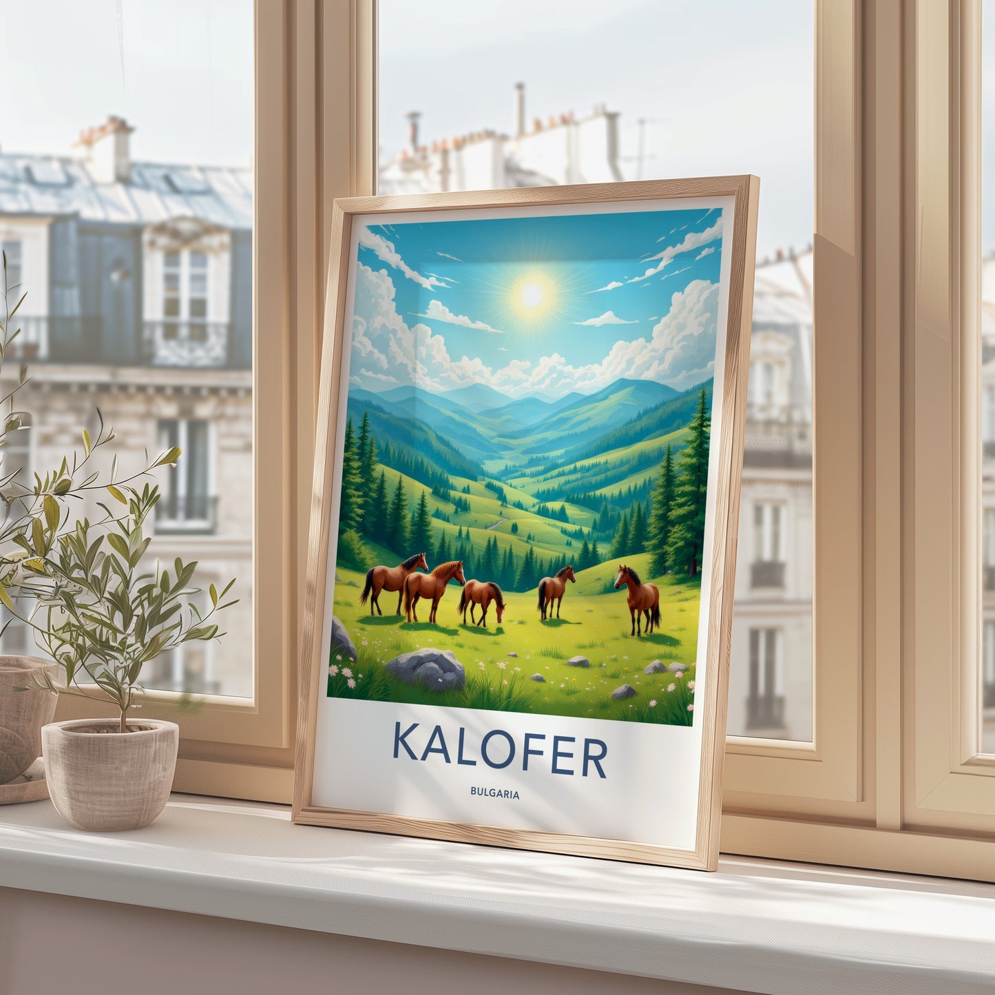 Kalofen Poster - Bulgaria Travel Art - Grazing Horses Mountains Home Decor
