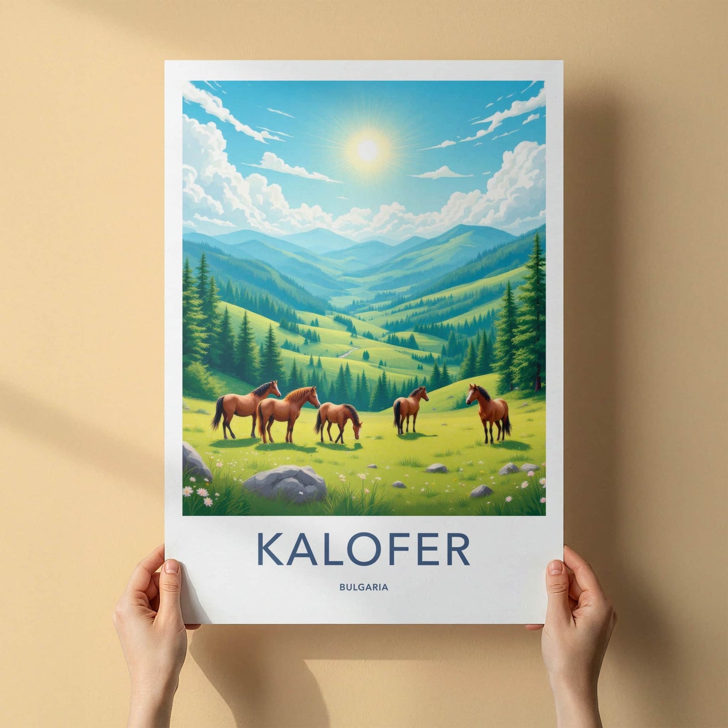Kalofen Poster - Bulgaria Travel Art - Grazing Horses Mountains Home Decor