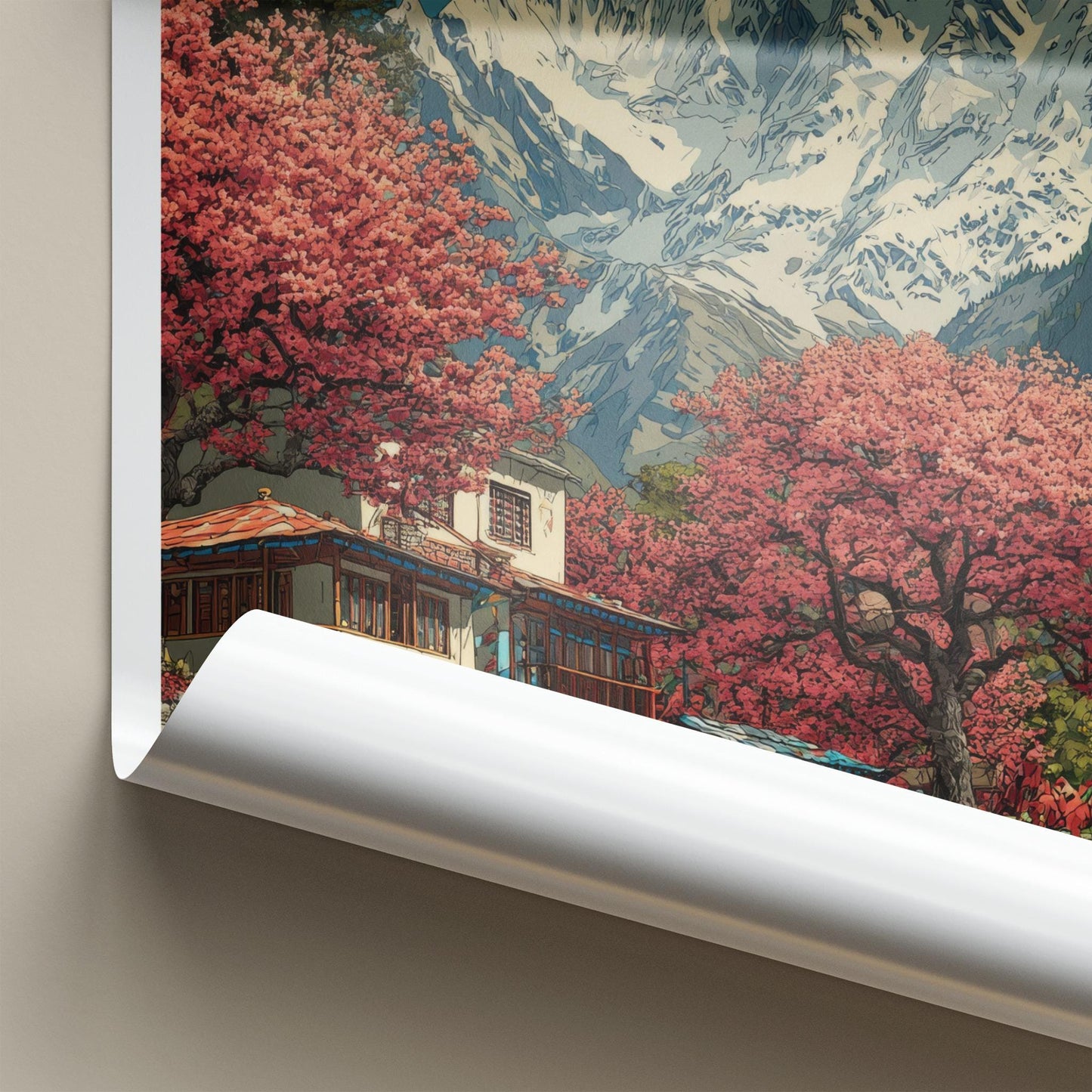 Kalpa Poster - India Art Print - Himachal Pradesh Red Trees Mountains Wall Decor