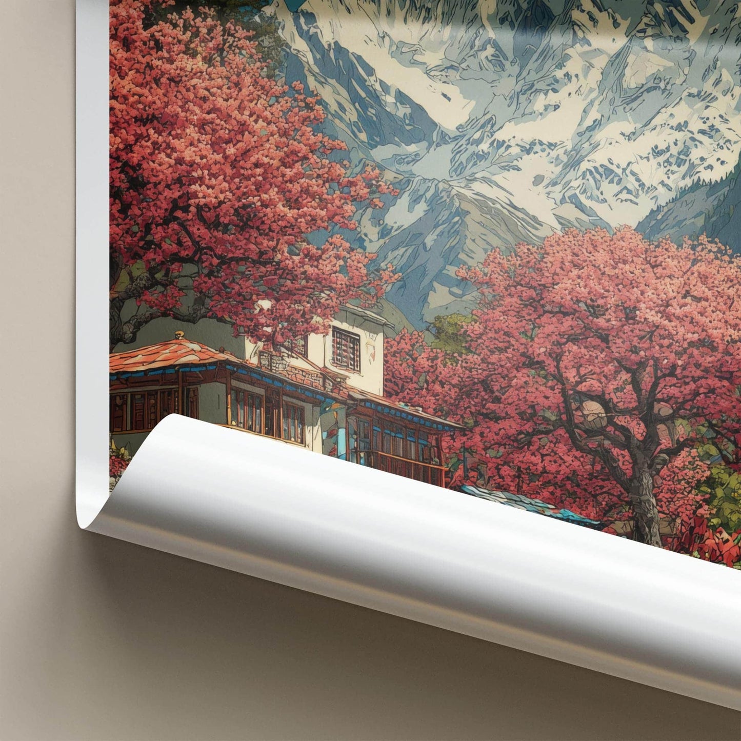 Kalpa Poster - India Art Print - Himachal Pradesh Red Trees Mountains Wall Decor