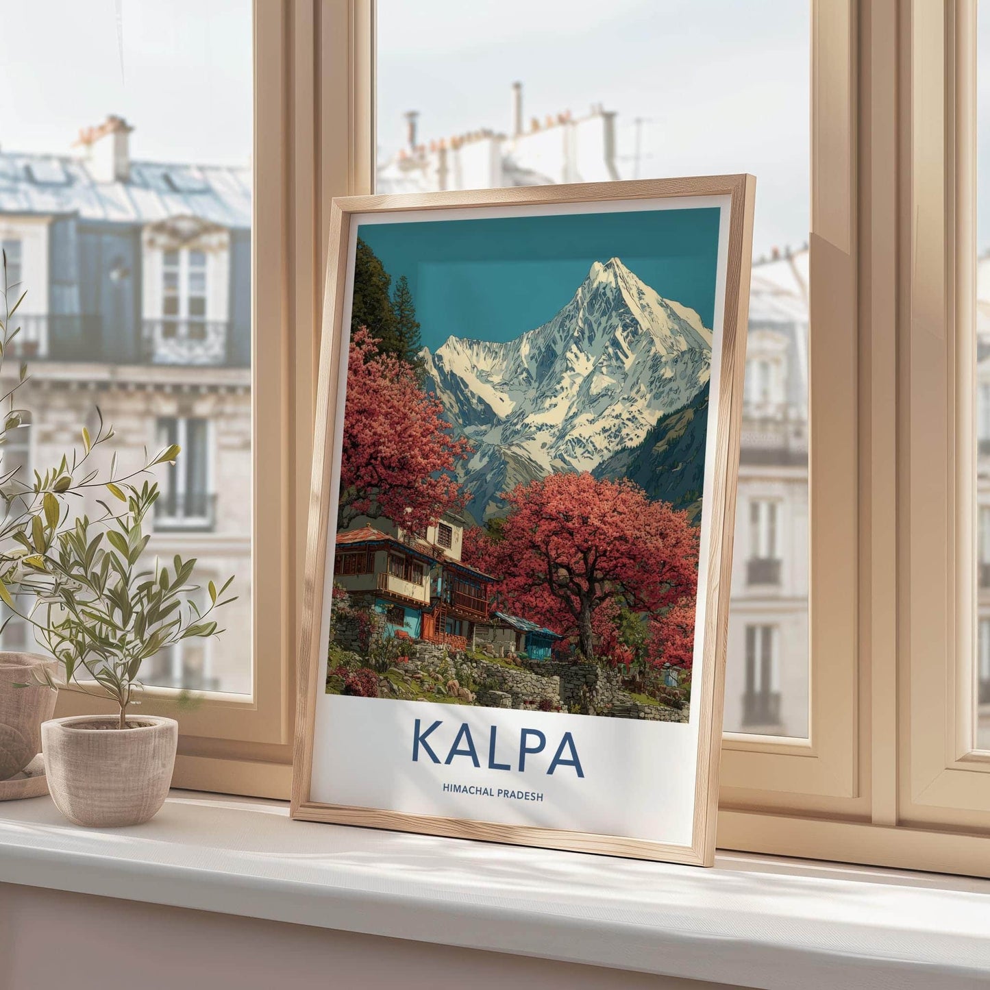 Kalpa Poster - India Art Print - Himachal Pradesh Red Trees Mountains Wall Decor