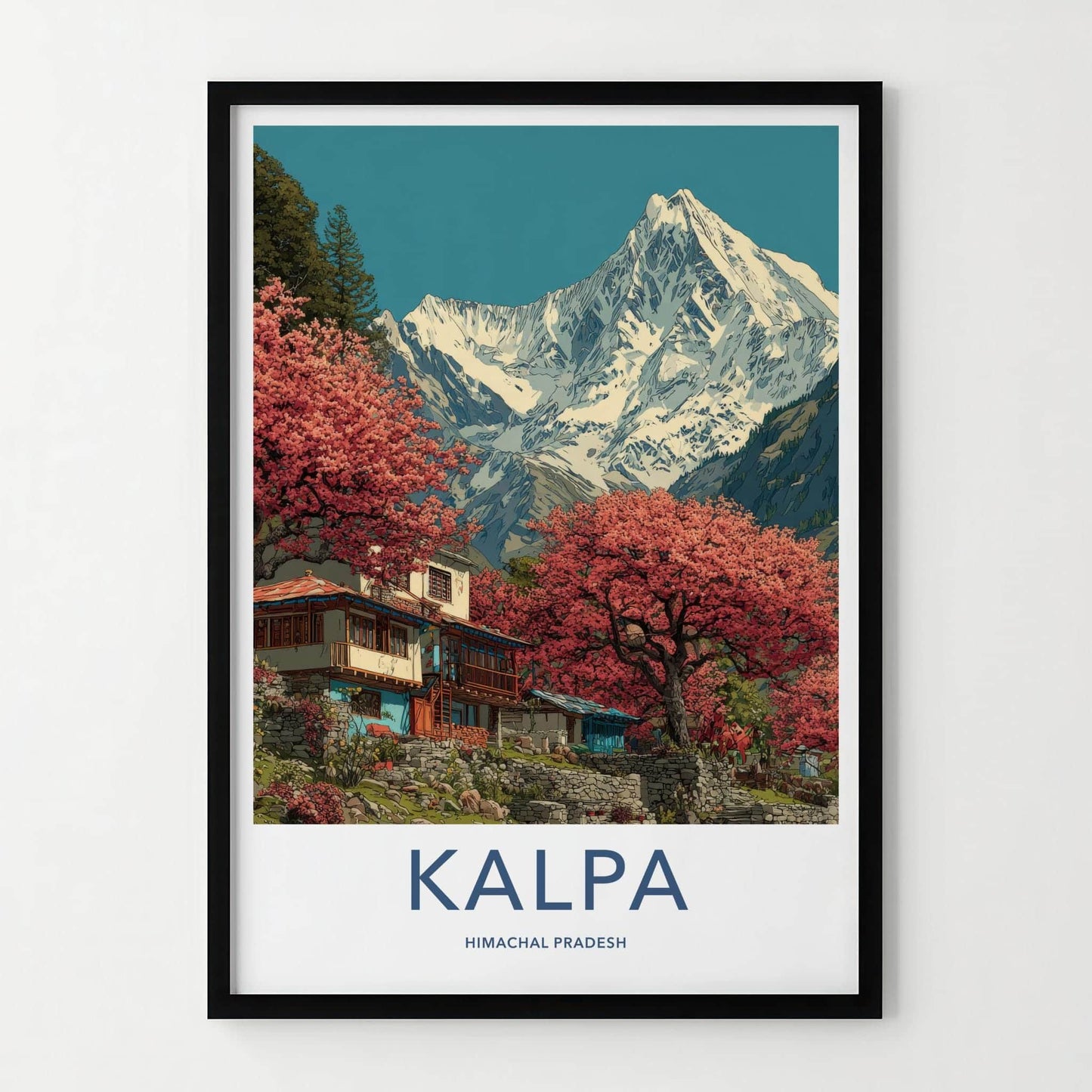 Kalpa Poster - India Art Print - Himachal Pradesh Red Trees Mountains Wall Decor
