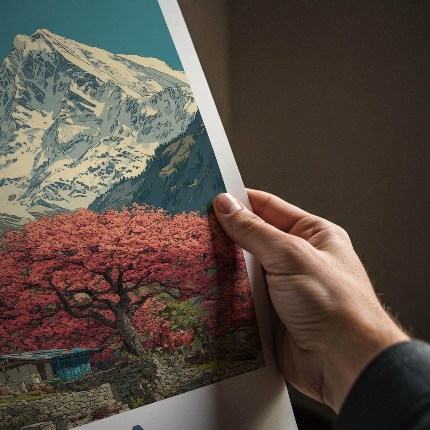 Kalpa Poster - India Art Print - Himachal Pradesh Red Trees Mountains Wall Decor