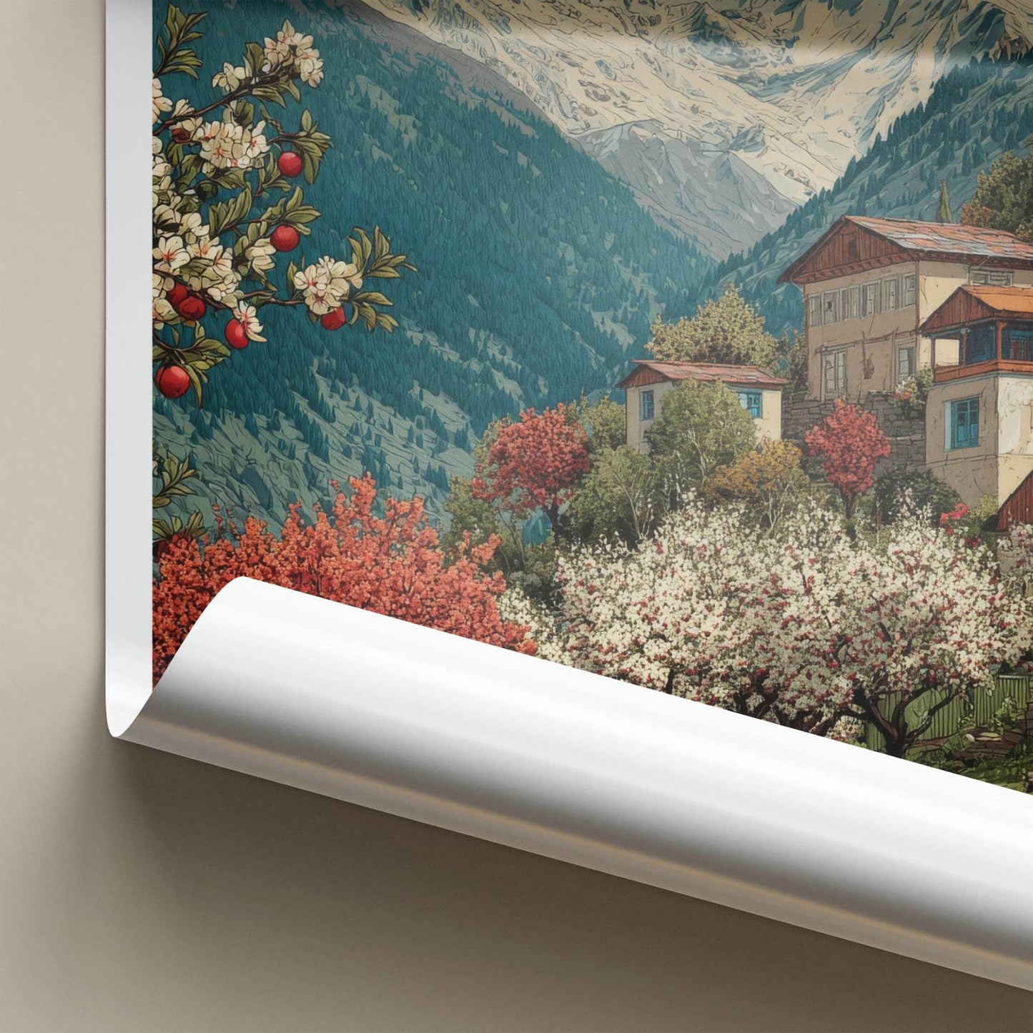 Kalpa Poster - India Travel Art - Himachal Pradesh Mountain Village Scene Wall Decor