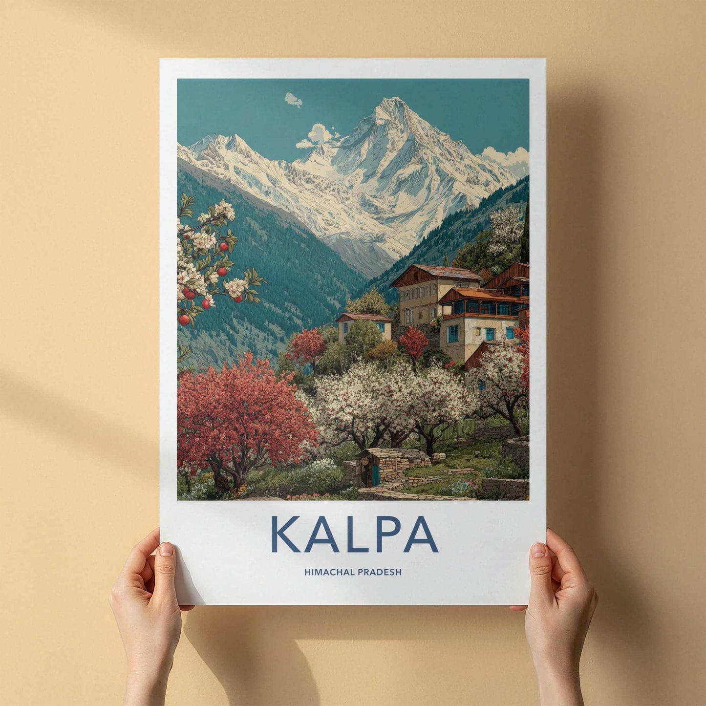 Kalpa Poster - India Travel Art - Himachal Pradesh Mountain Village Scene Wall Decor