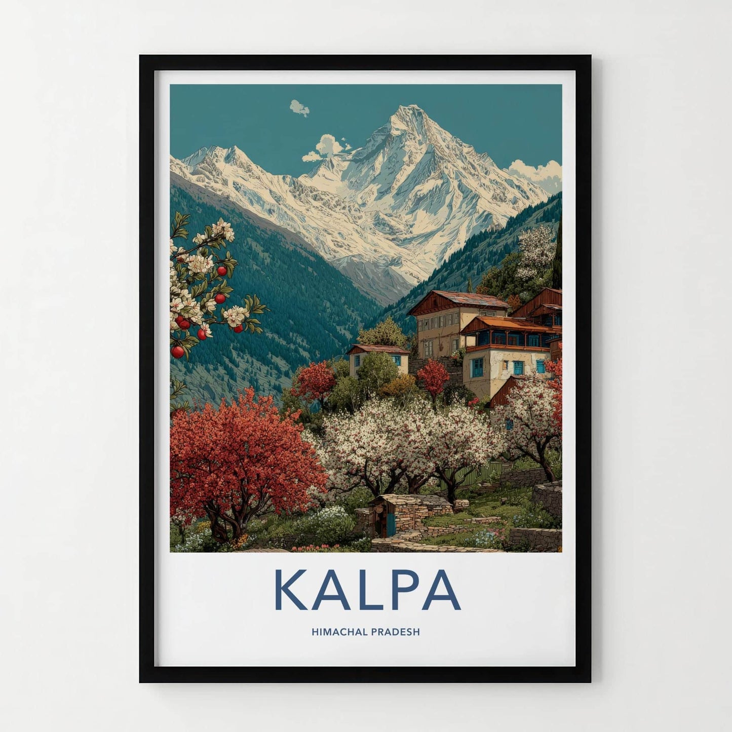 Kalpa Poster - India Travel Art - Himachal Pradesh Mountain Village Scene Wall Decor