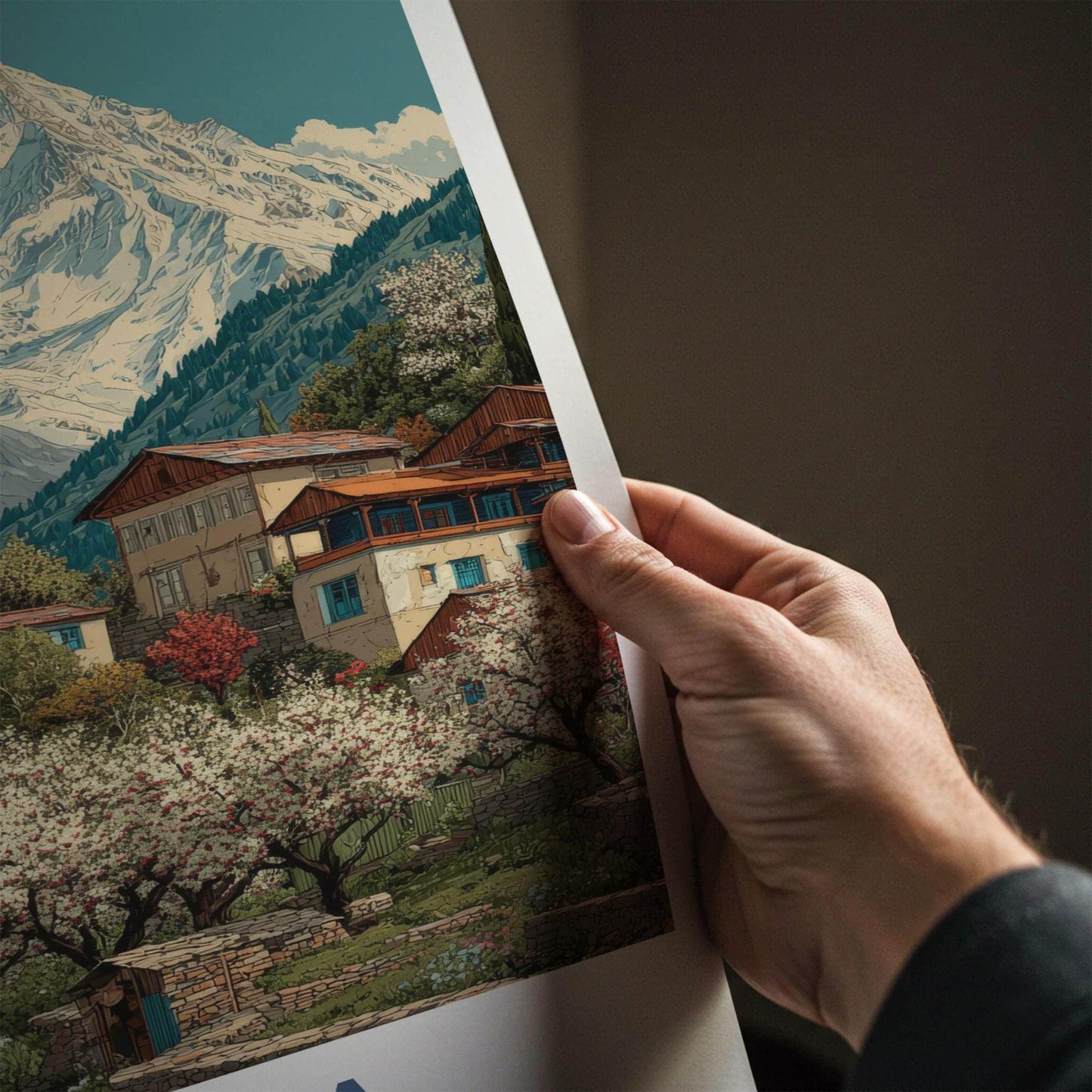 Kalpa Poster - India Travel Art - Himachal Pradesh Mountain Village Scene Wall Decor