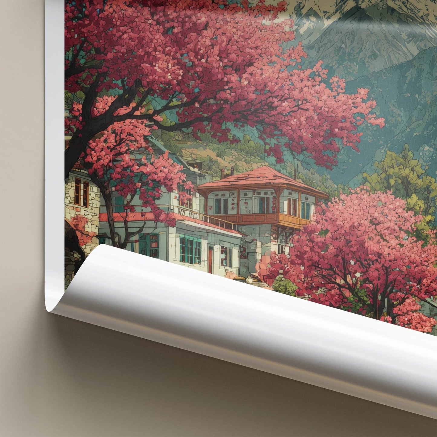 Kalpa Poster - India Travel Art - Himachal Pradesh Pink Trees Home Decor