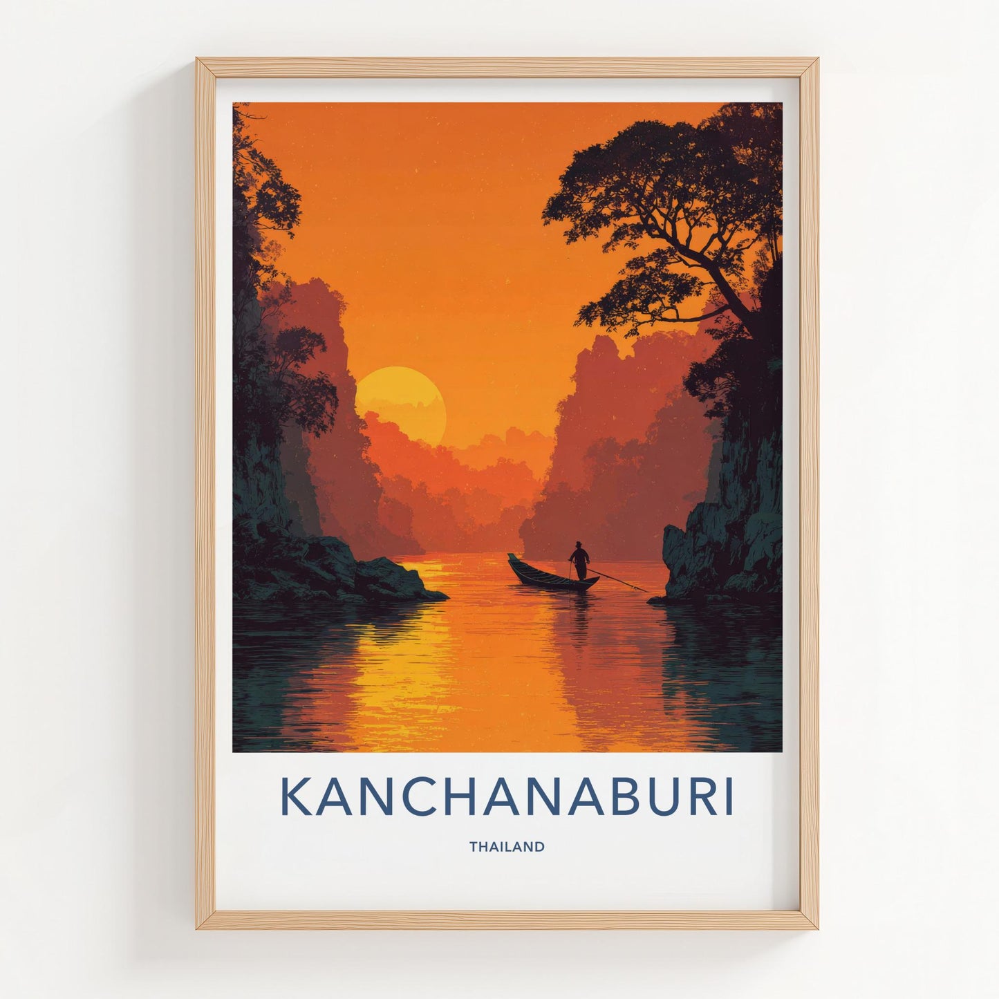 Kanchanaburi Poster - Thailand Travel Art - Sunset River Boat Home Decor